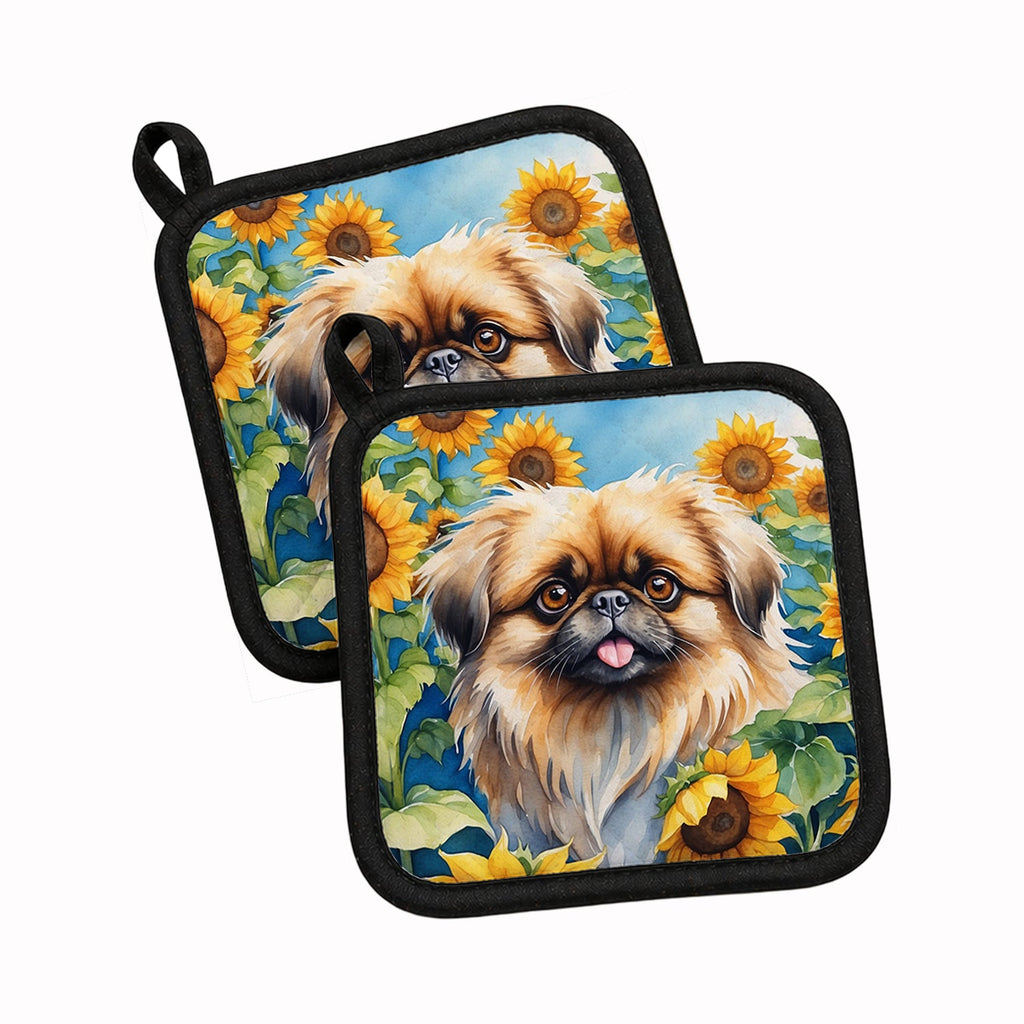 Pekingese in Sunflowers Pot Holder Set of 2 Heat Resistant Quilted Hot Pads 7.5 x 7.5 Inch, Insulated Kitchen Trivets for Cooking & Baking