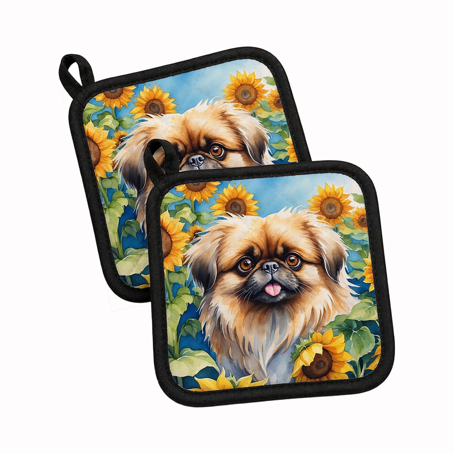 Pekingese in Sunflowers Pot Holder Set of 2 Heat Resistant Quilted Hot Pads 7.5 x 7.5 Inch, Insulated Kitchen Trivets for Cooking & Baking