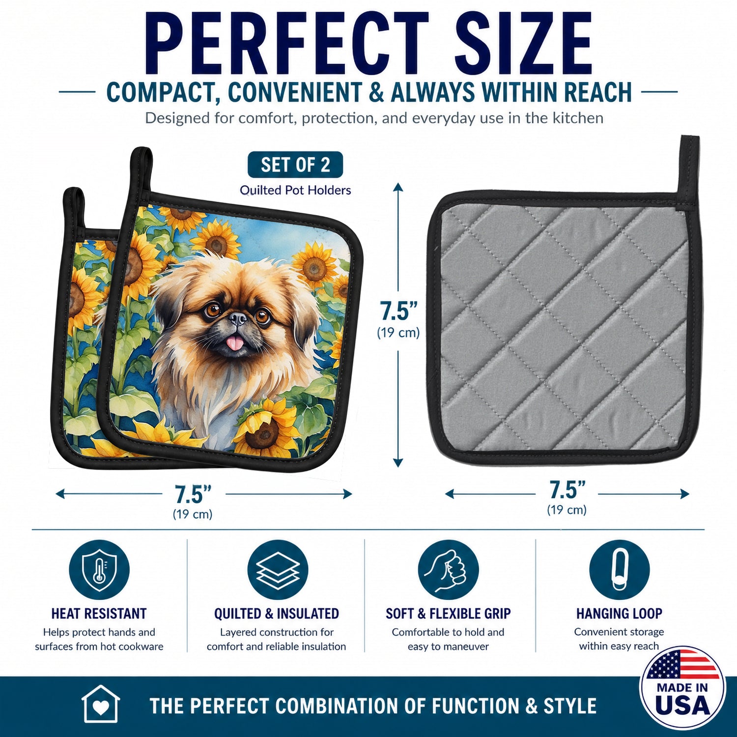 Pekingese in Sunflowers Pot Holder Set of 2 Heat Resistant Quilted Hot Pads 7.5 x 7.5 Inch, Insulated Kitchen Trivets for Cooking & Baking