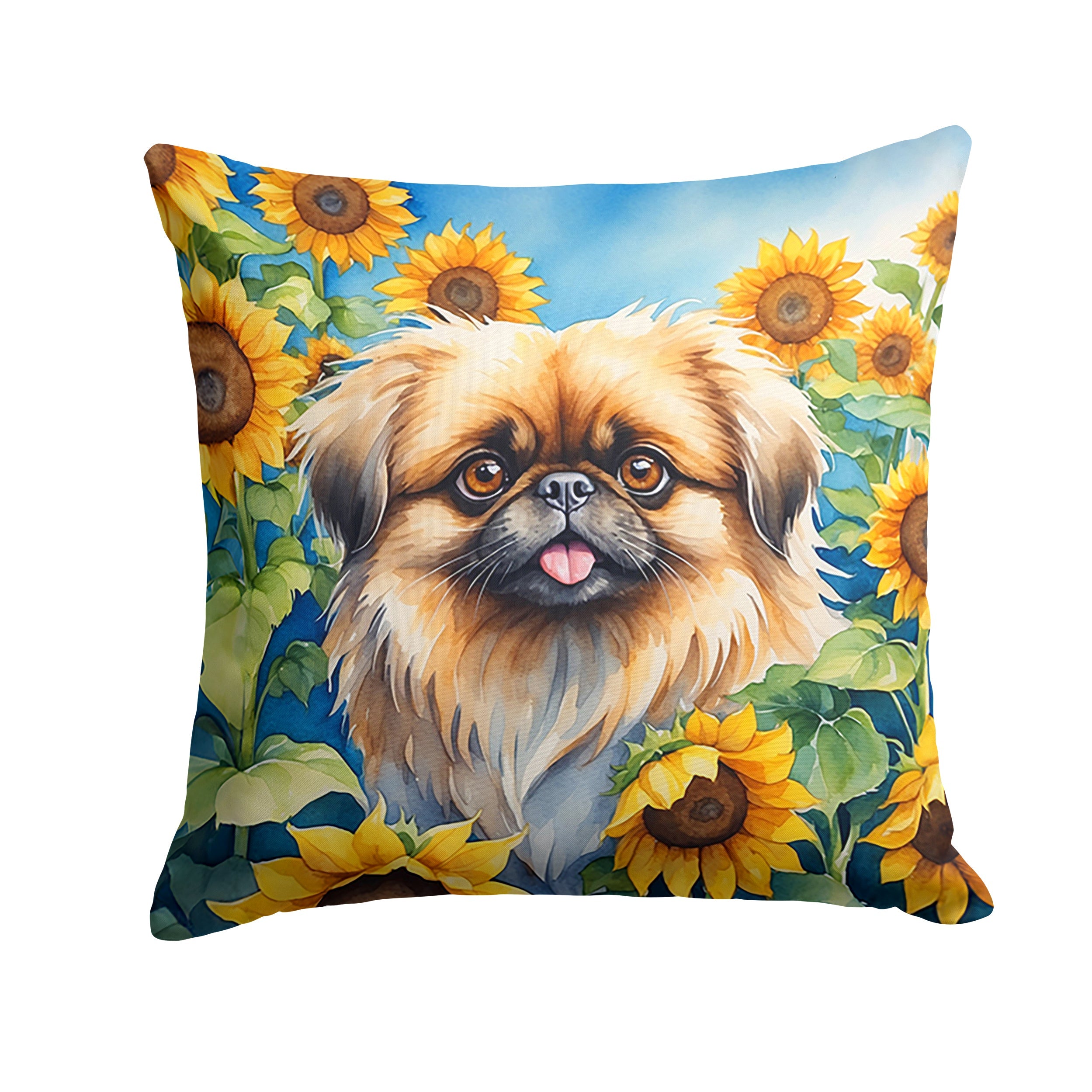 Pekingese in Sunflowers Decorative Throw Pillow 14x14 Indoor Outdoor Accent Cushion, Fabric Cover with Insert for Sofa, Bed, Porch & Living Room