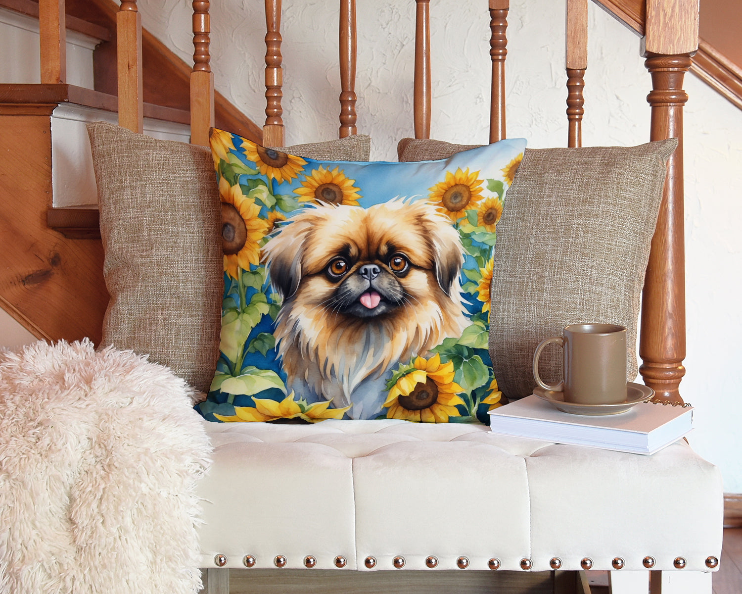 Pekingese in Sunflowers Decorative Throw Pillow 14x14 Indoor Outdoor Accent Cushion, Fabric Cover with Insert for Sofa, Bed, Porch & Living Room