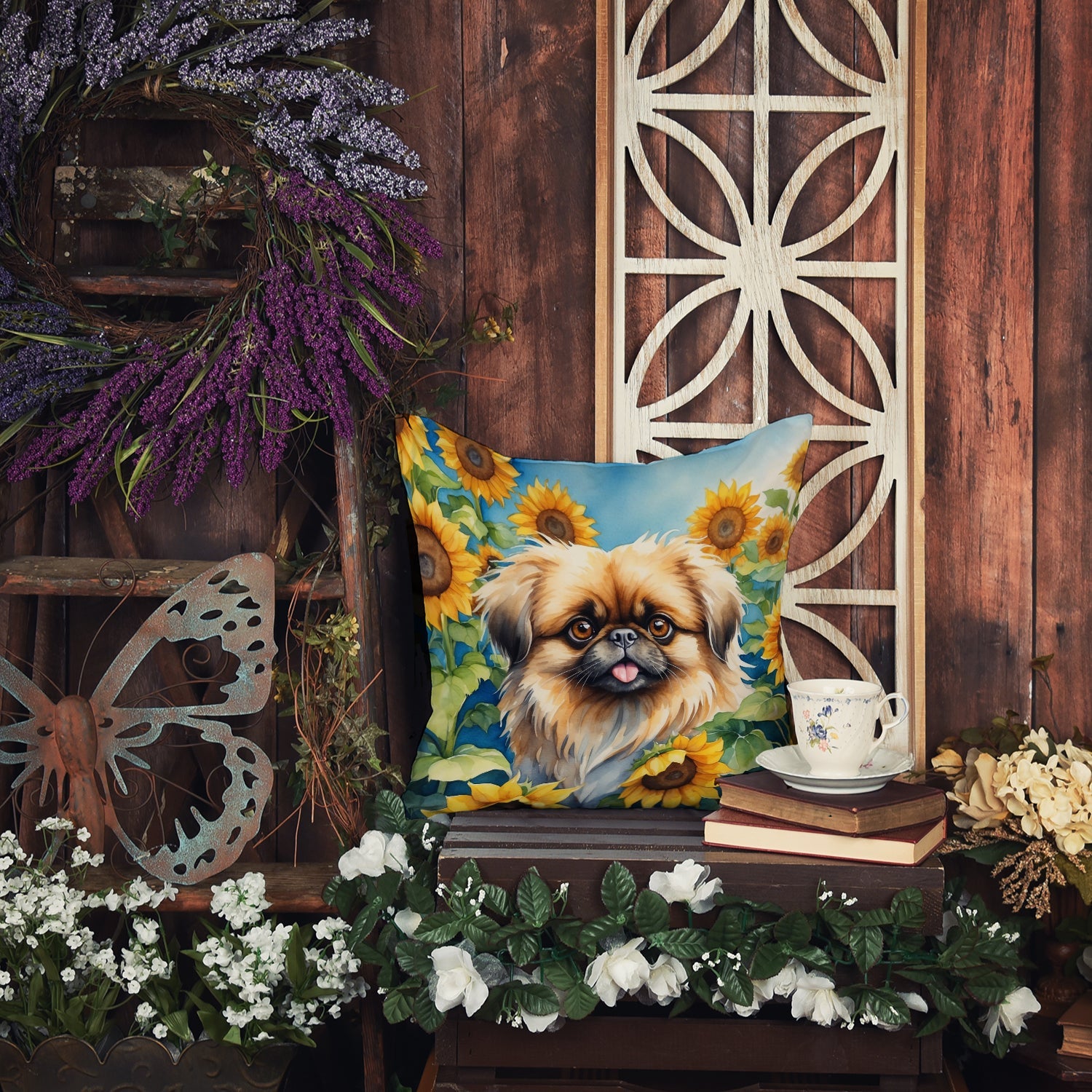 Pekingese in Sunflowers Decorative Throw Pillow 14x14 Indoor Outdoor Accent Cushion, Fabric Cover with Insert for Sofa, Bed, Porch & Living Room