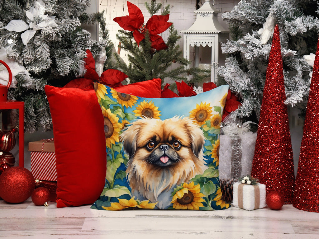 Pekingese in Sunflowers Decorative Throw Pillow 14x14 Indoor Outdoor Accent Cushion, Fabric Cover with Insert for Sofa, Bed, Porch & Living Room
