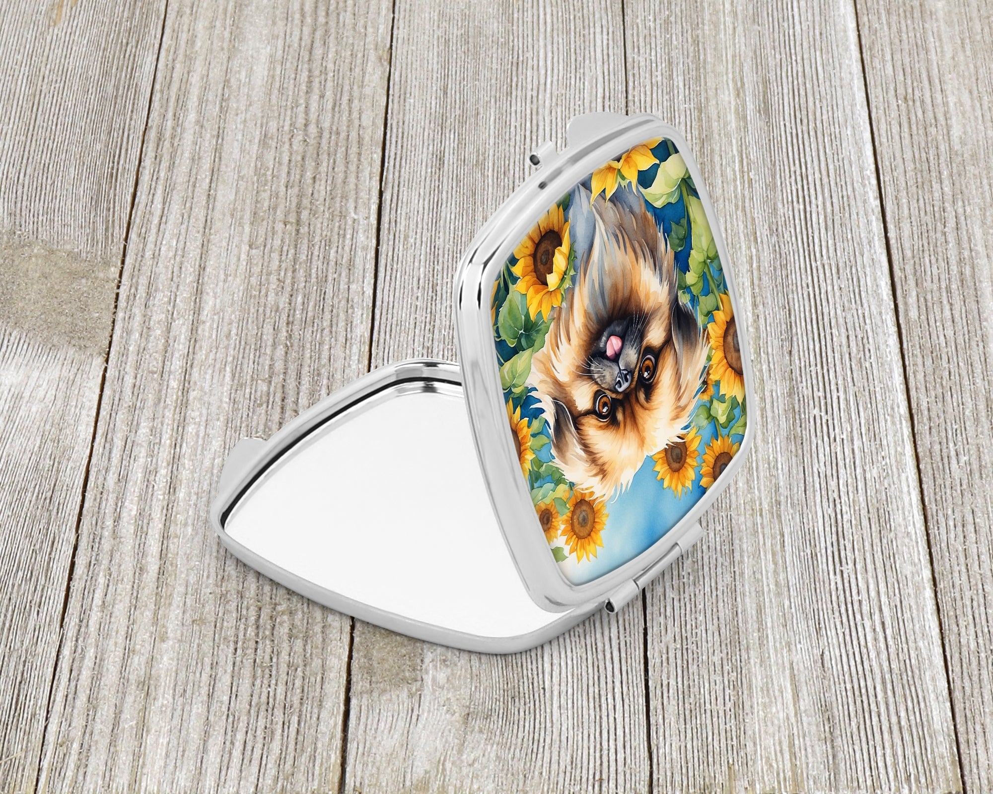Pekingese in Sunflowers Compact Mirror Decorative Travel Makeup Mirror for Women Girls Gifts Pocket Makeup Mirror Folding Handheld