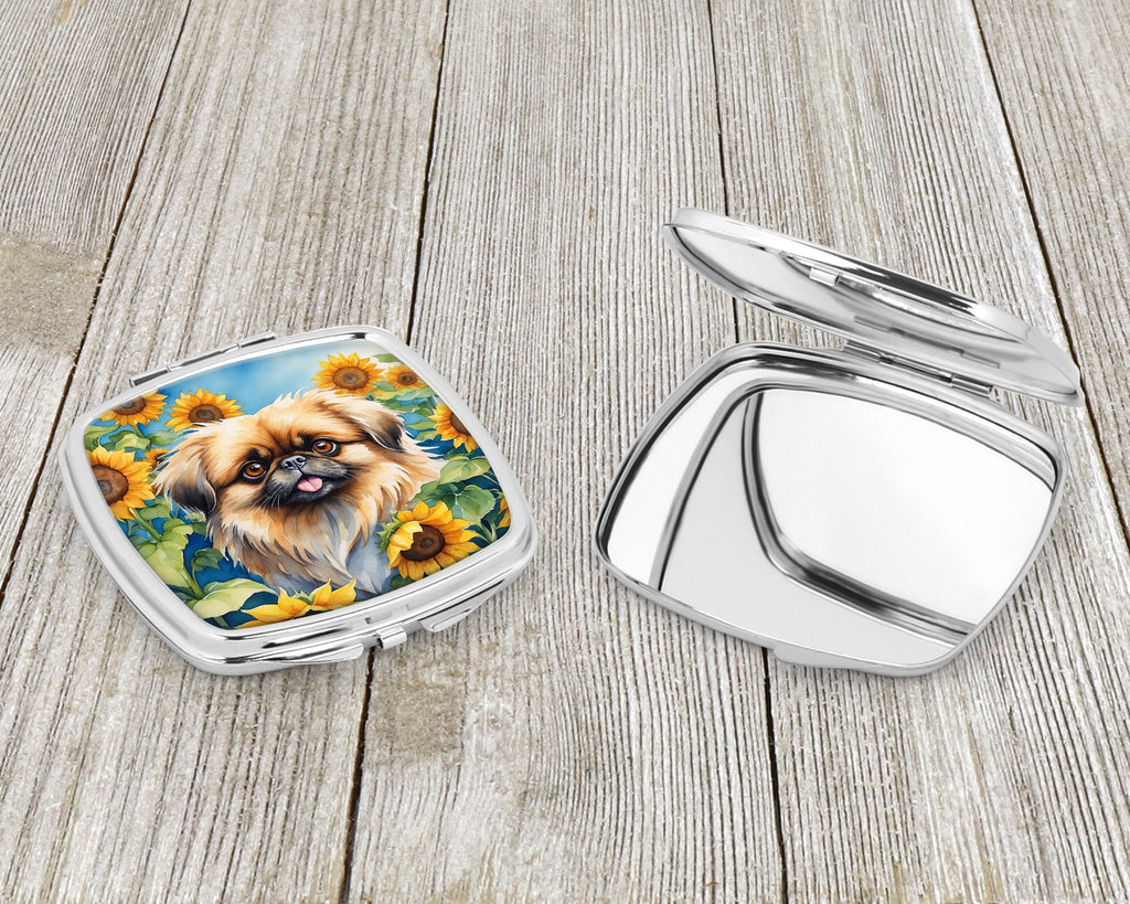 Pekingese in Sunflowers Compact Mirror Decorative Travel Makeup Mirror for Women Girls Gifts Pocket Makeup Mirror Folding Handheld