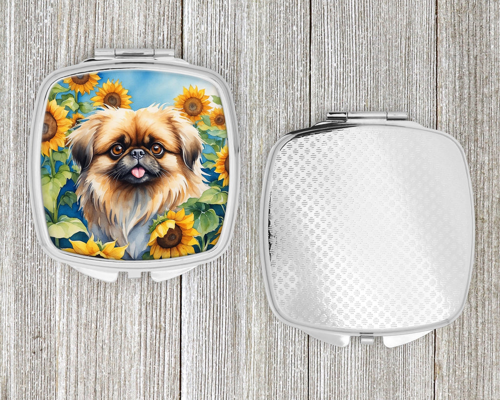 Pekingese in Sunflowers Compact Mirror Decorative Travel Makeup Mirror for Women Girls Gifts Pocket Makeup Mirror Folding Handheld