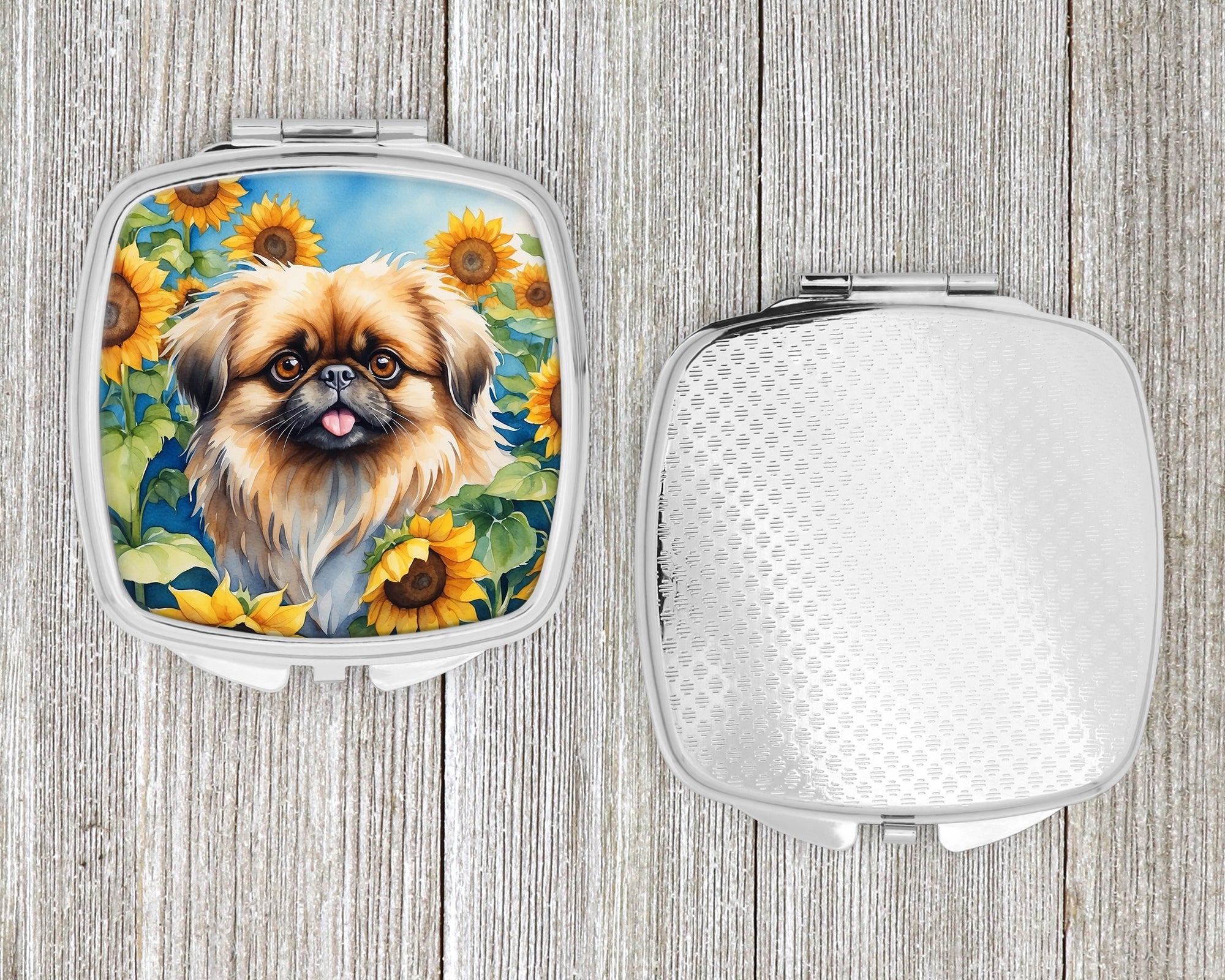 Pekingese in Sunflowers Compact Mirror Decorative Travel Makeup Mirror for Women Girls Gifts Pocket Makeup Mirror Folding Handheld