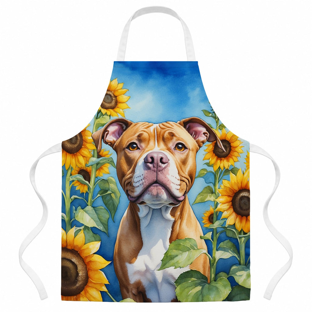 Pit Bull Terrier in Sunflowers Apron Cooking Kitchen Server Baking Crafts Gardening for Adult Women Men, Unisex, Large, Multicolor