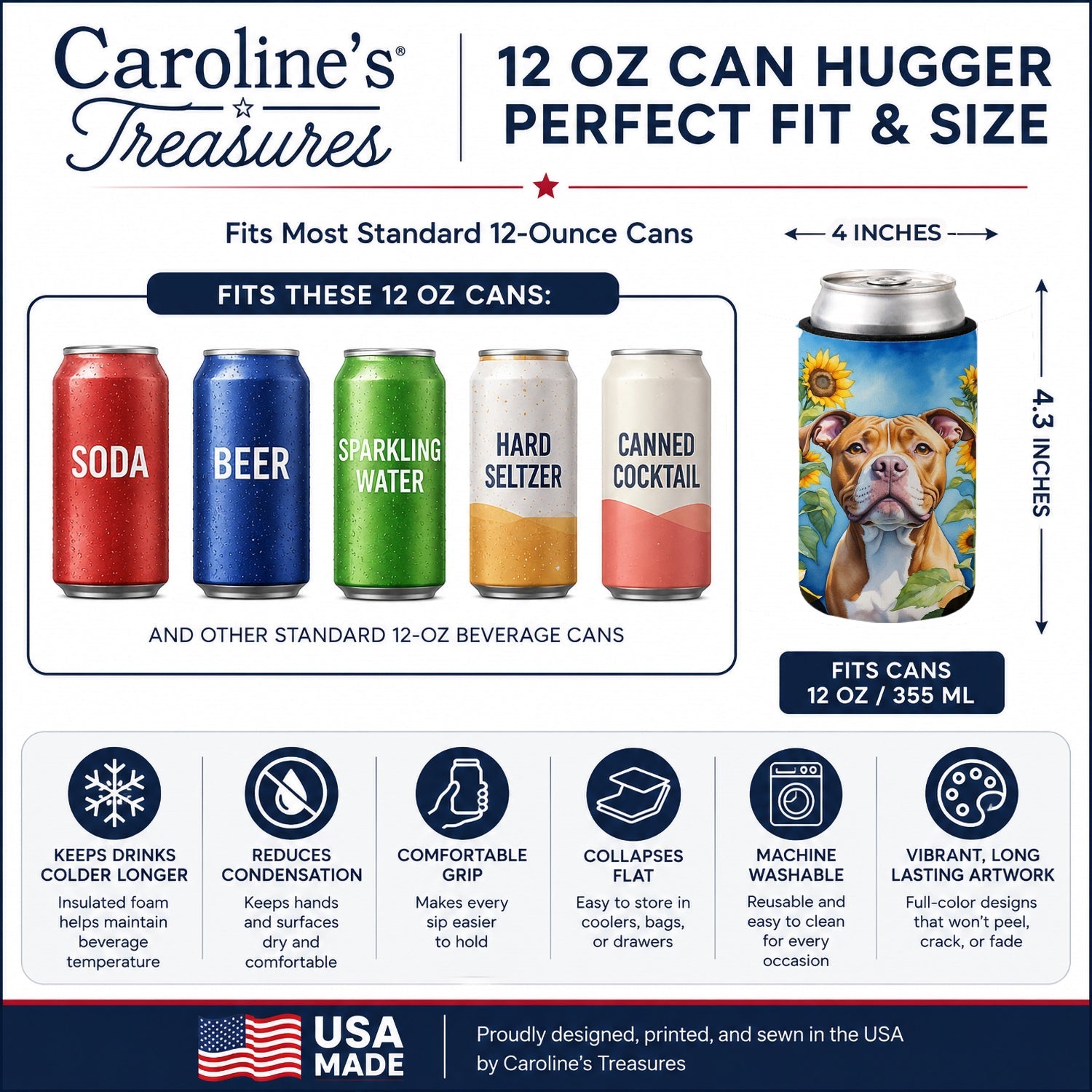 Pit Bull Terrier in Sunflowers Can or Bottle Hugger Cooler Sleeve for Standard 12 oz Cans, Insulated Foam Beer & Soda Can Hugger Reusable