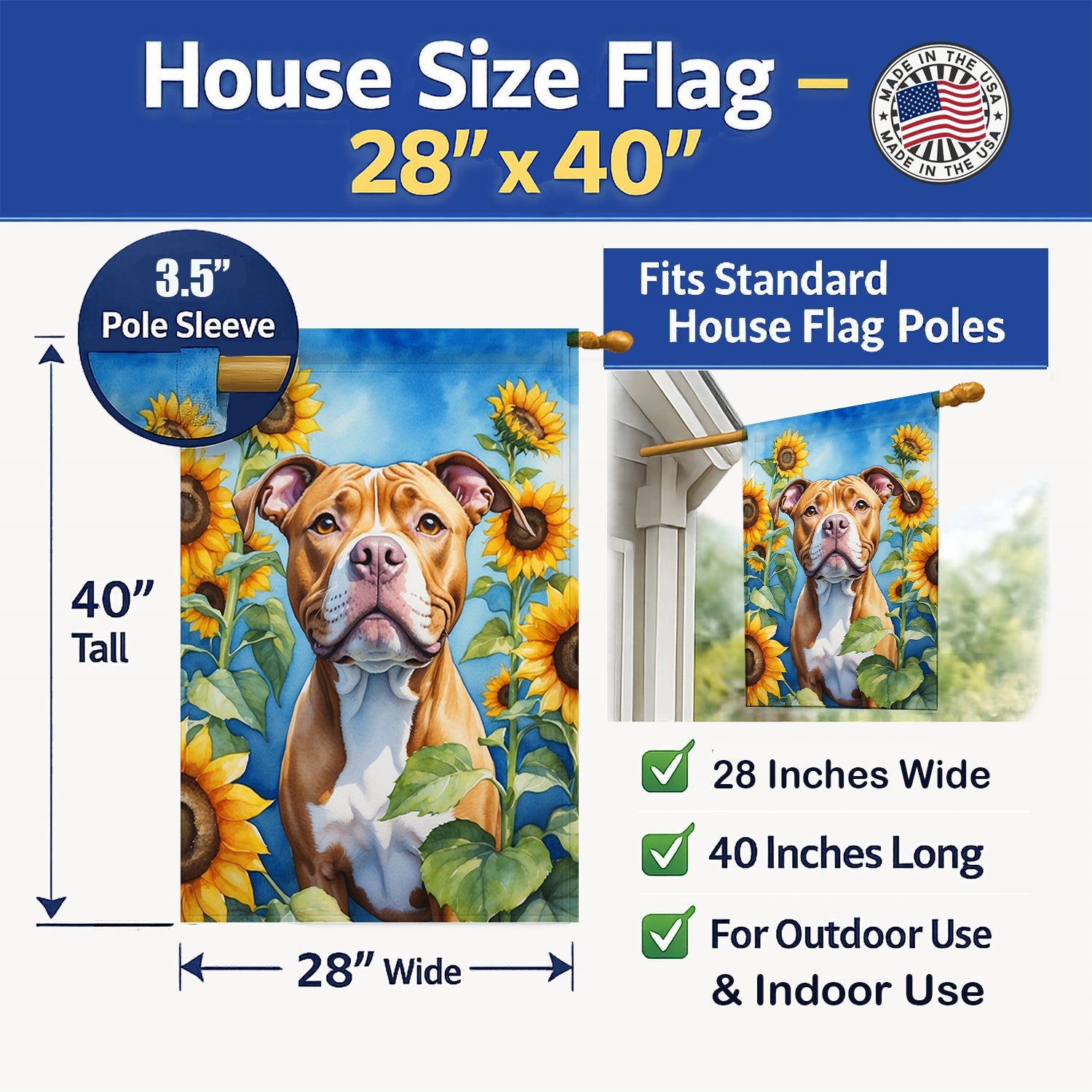 Pit Bull Terrier in Sunflowers House Flag 28x40 Porch Sleeve Pole Decorative Outside Yard Banner Artwork Wall Hanging, Polyester