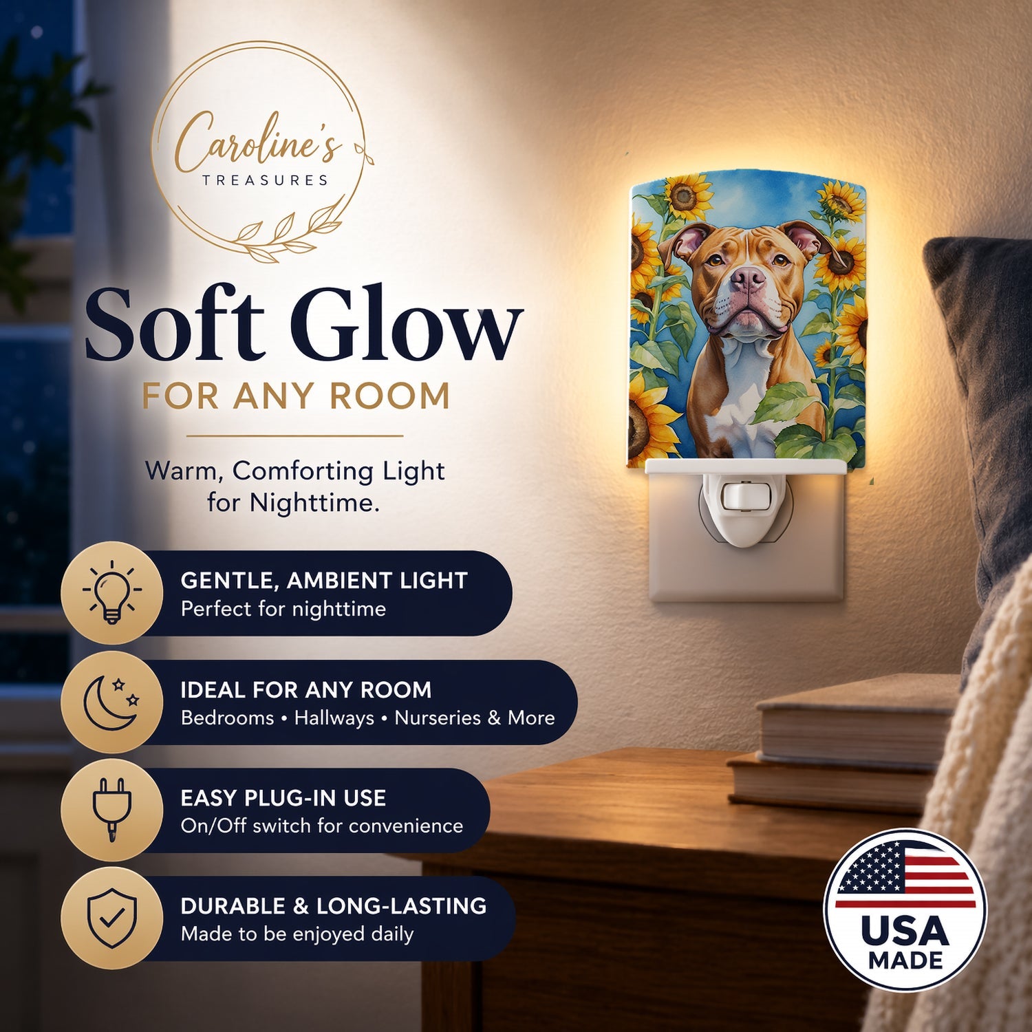 Pit Bull Terrier in Sunflowers Ceramic Night Light Compact, UL-Certified, Ideal for Bedroom, Bathroom, Nursery, Hallway, Kitchen, 6x4x3, Multicolor