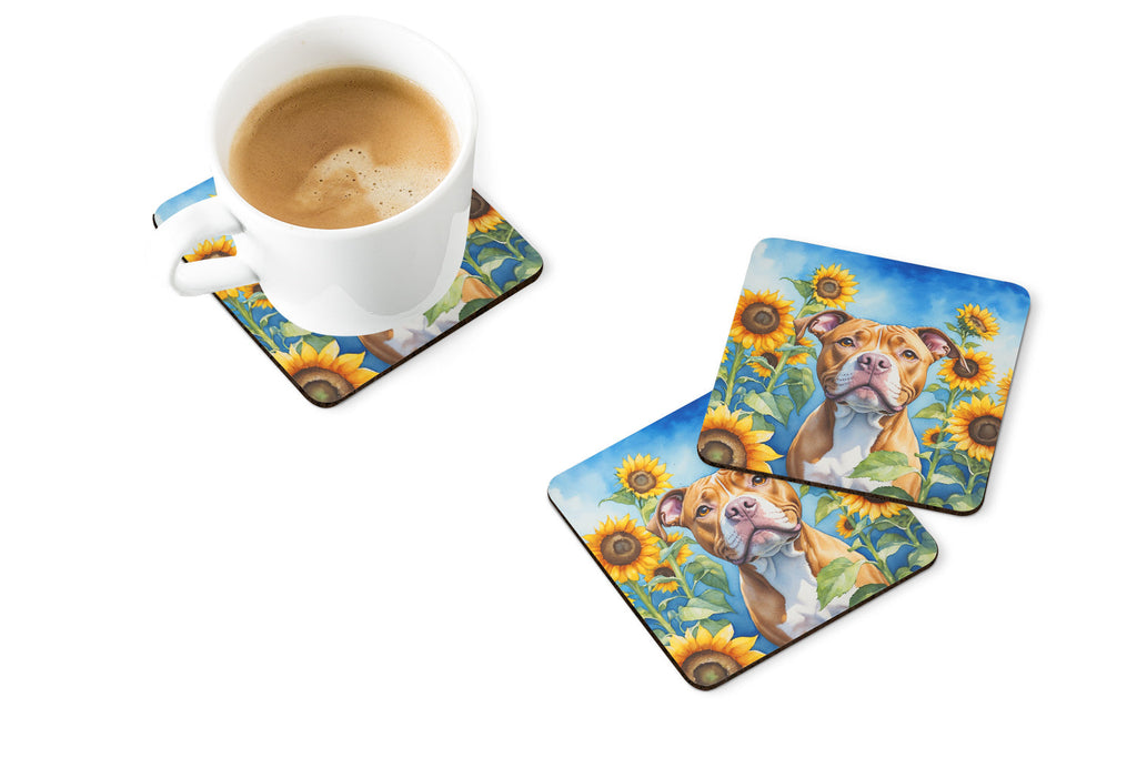 Pit Bull Terrier in Sunflowers Foam Coasters Set of 4 Cup Coasters for Indoor Outdoor, Tabletop Protection, Anti Slip, Mouse pad Material