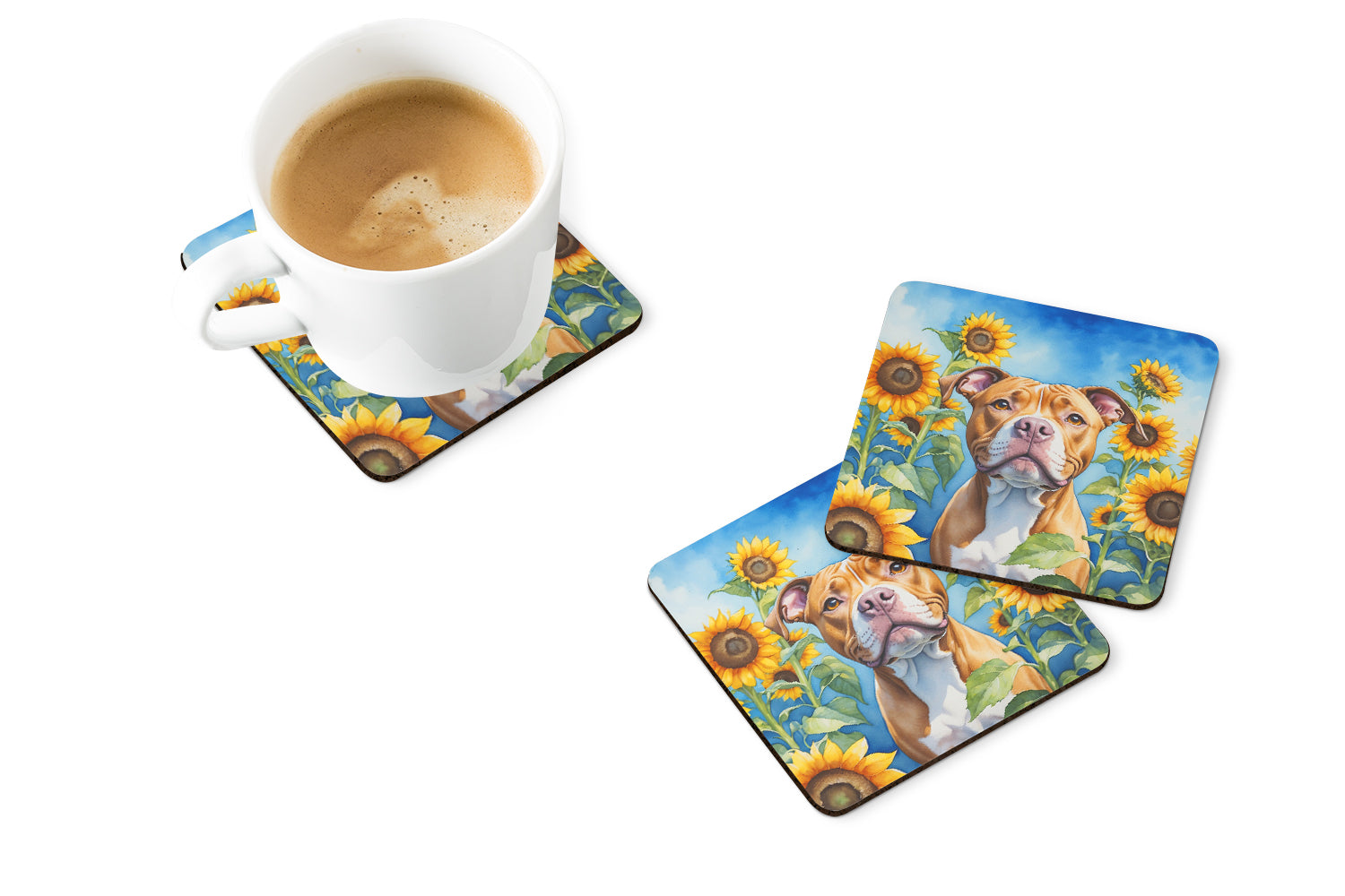 Pit Bull Terrier in Sunflowers Foam Coasters Set of 4 Cup Coasters for Indoor Outdoor, Tabletop Protection, Anti Slip, Mouse pad Material