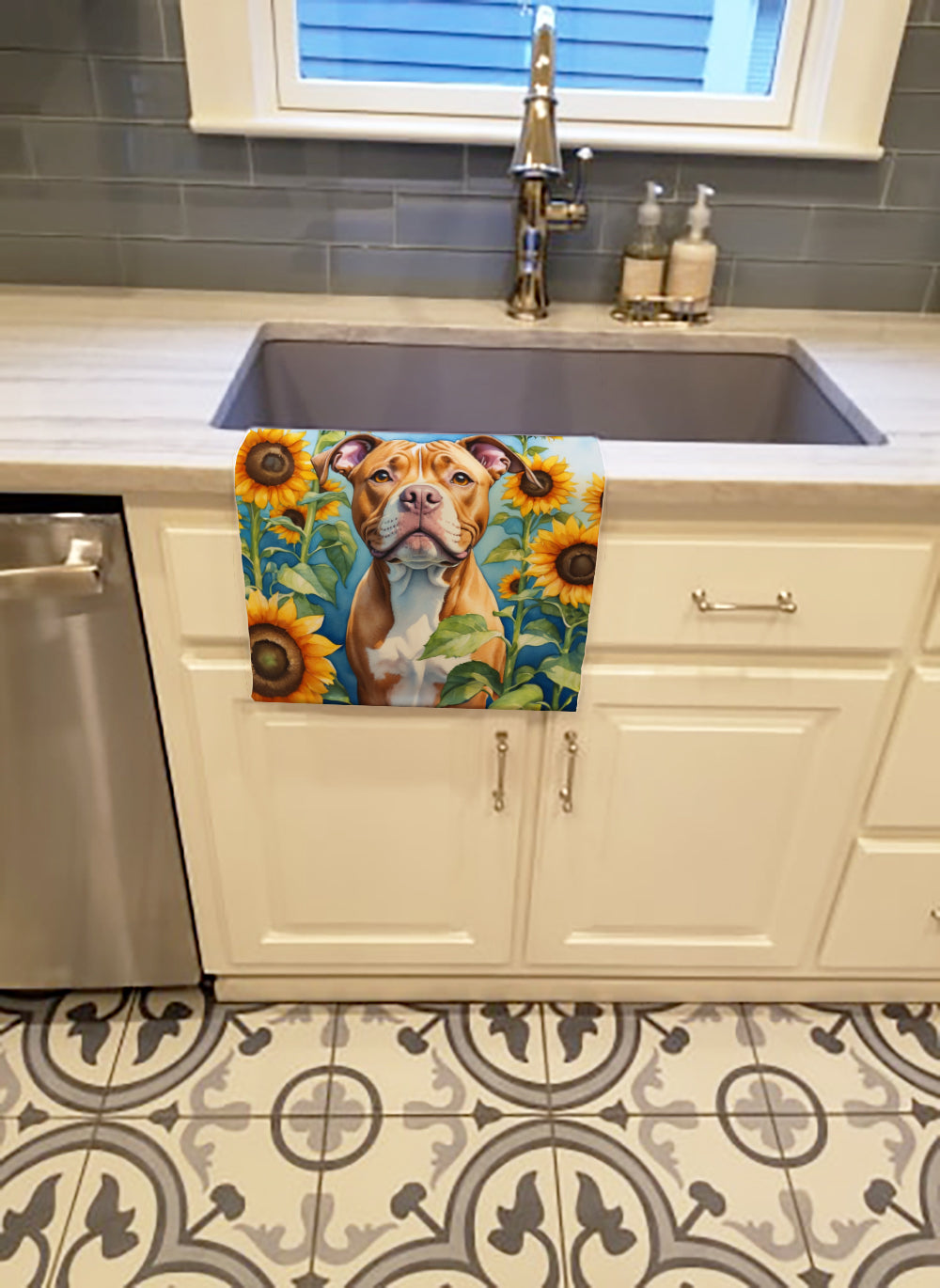 Pit Bull Terrier in Sunflowers Kitchen Towel Velour Plush Front and Cotton Loop Back Machine Washable