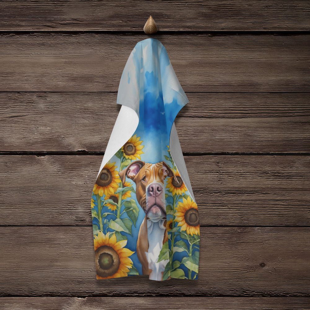 Pit Bull Terrier in Sunflowers Kitchen Towel Velour Plush Front and Cotton Loop Back Machine Washable