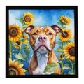 Pit Bull Terrier in Sunflowers Framed Metal Print Bathroom, Kitchen, Office, Home Decor Wall Art Ready to Hang, Square, 8X8