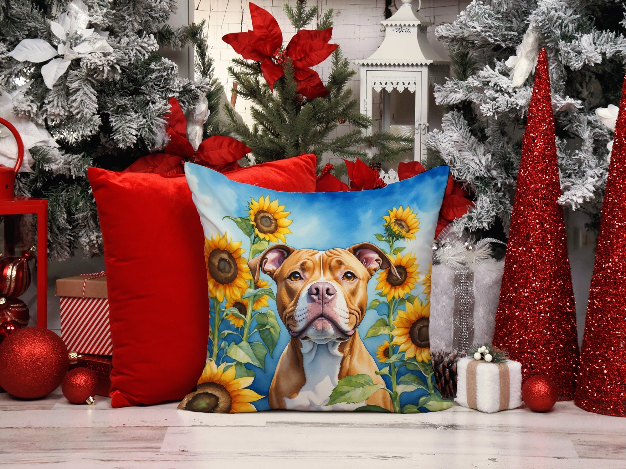Pit Bull Terrier in Sunflowers Decorative Throw Pillow 14x14 Indoor Outdoor Accent Cushion, Fabric Cover with Insert for Sofa, Bed, Porch & Living Room
