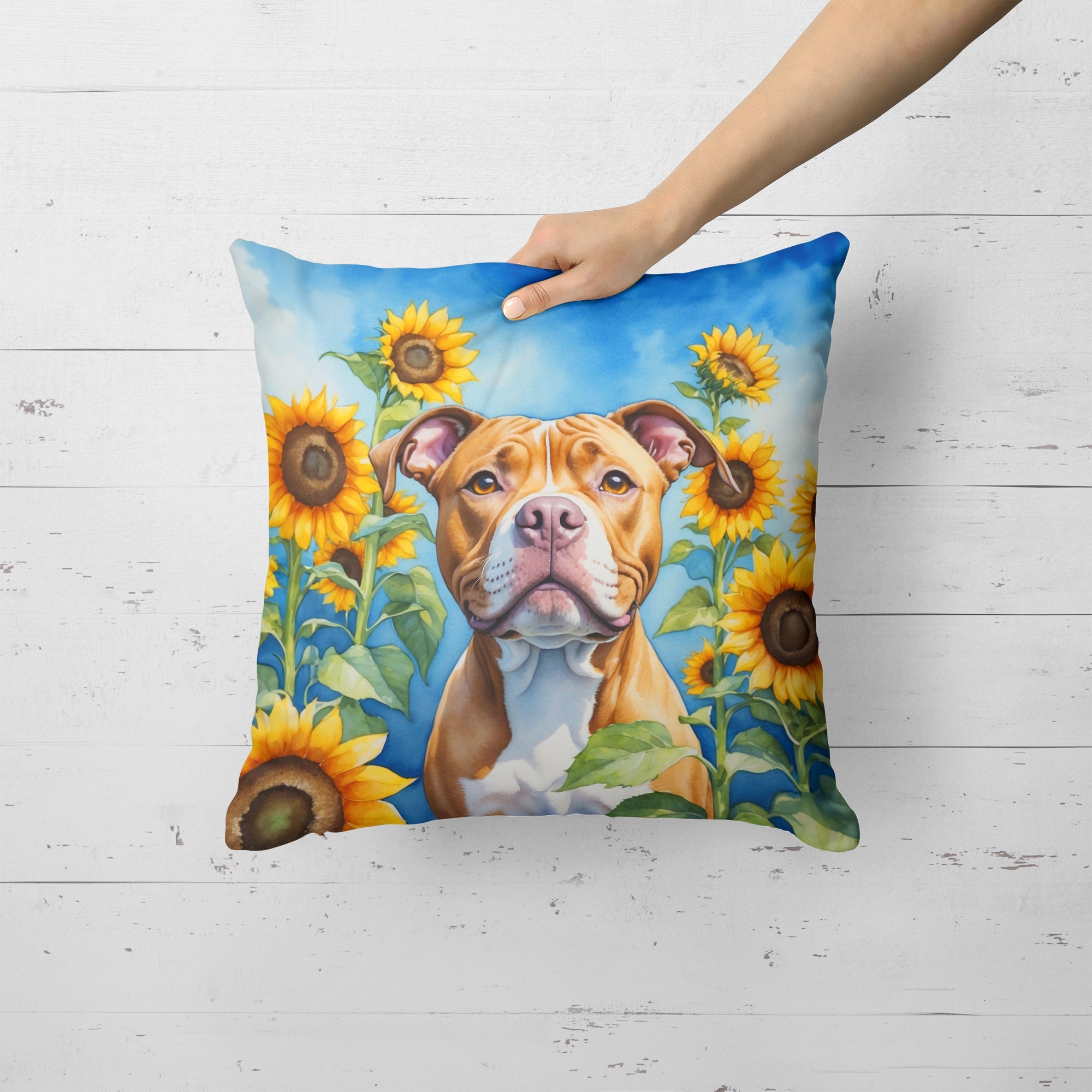 Pit Bull Terrier in Sunflowers Decorative Throw Pillow 18x18 Indoor Outdoor Accent Cushion, Fabric Cover with Insert for Sofa, Bed, Porch & Living Room
