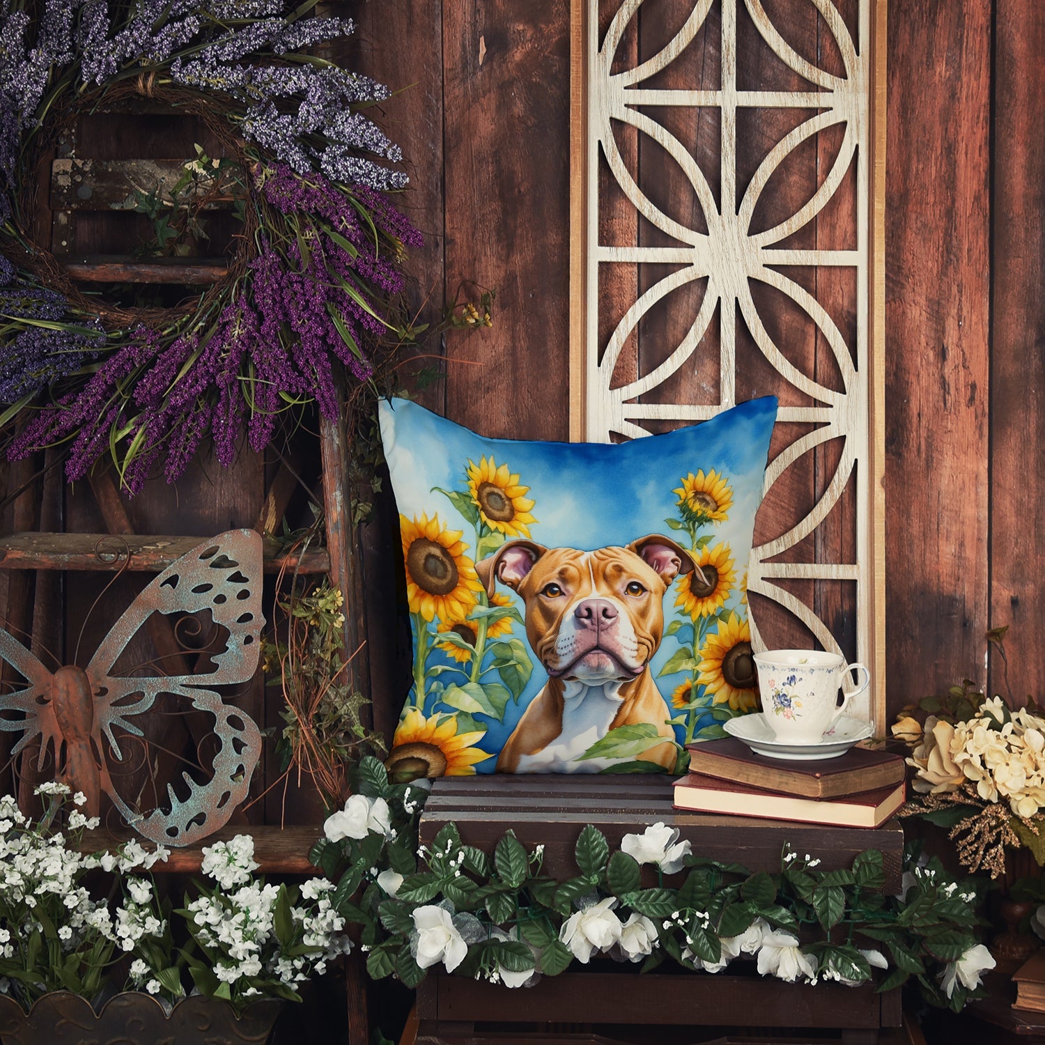 Pit Bull Terrier in Sunflowers Decorative Throw Pillow 18x18 Indoor Outdoor Accent Cushion, Fabric Cover with Insert for Sofa, Bed, Porch & Living Room