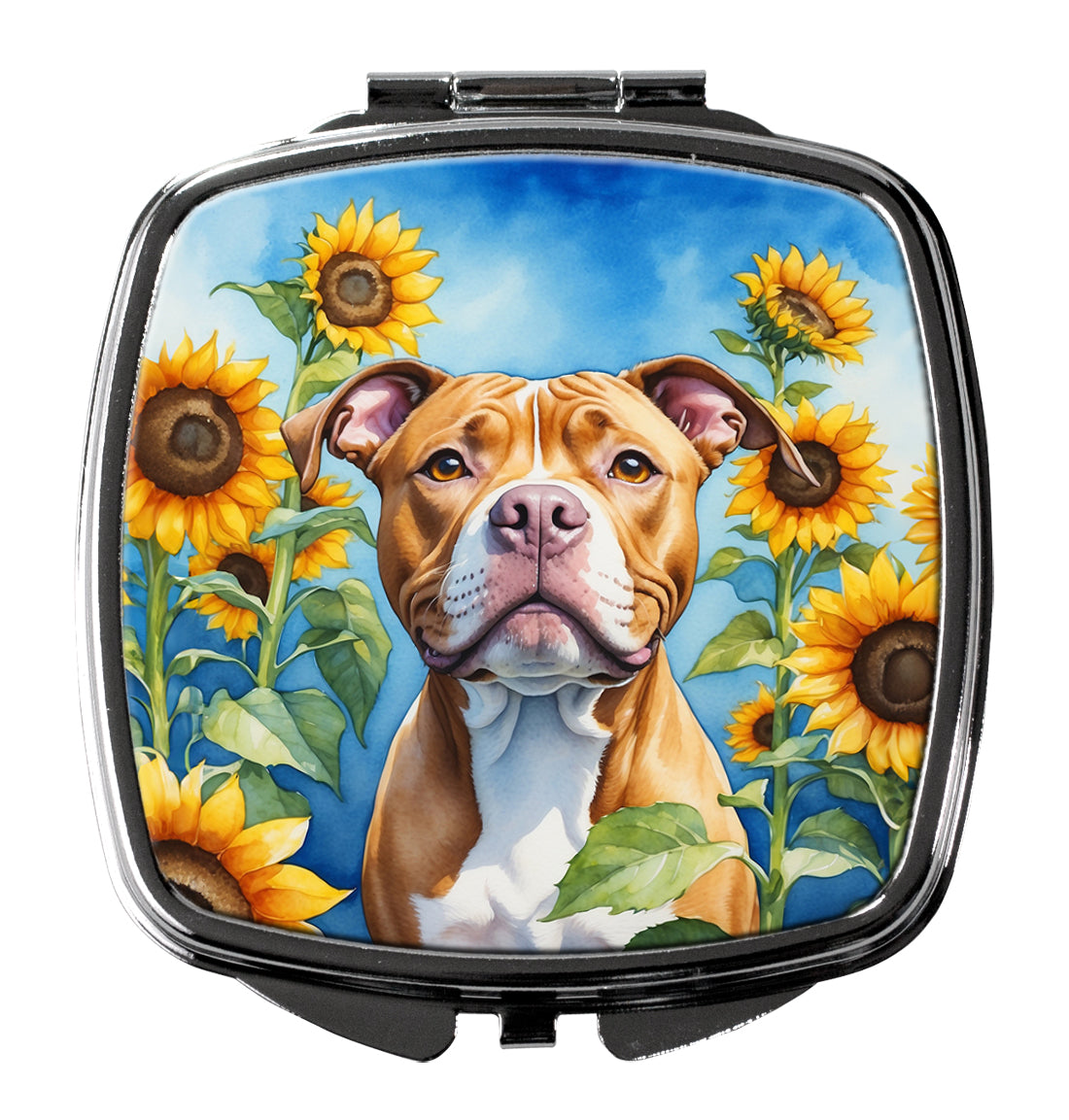 Pit Bull Terrier in Sunflowers Compact Mirror Decorative Travel Makeup Mirror for Women Girls Gifts Pocket Makeup Mirror Folding Handheld