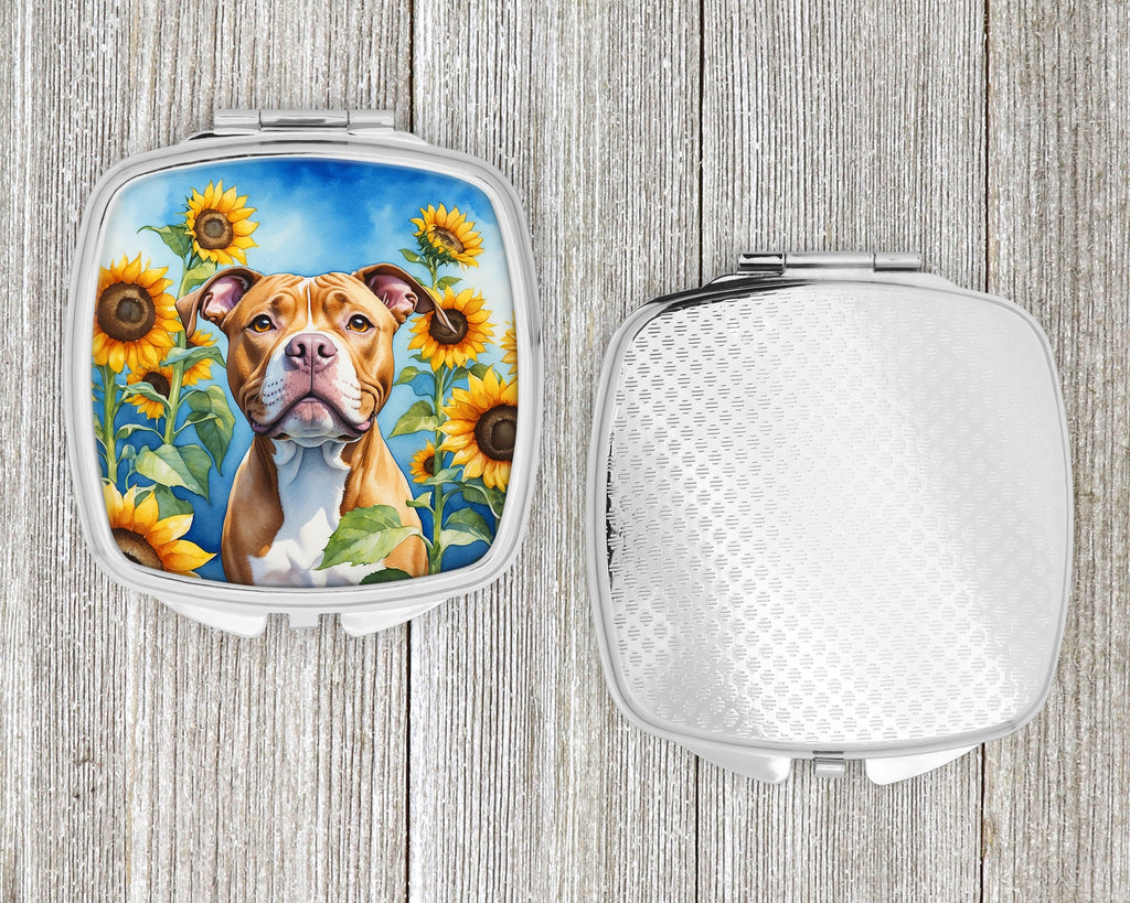 Pit Bull Terrier in Sunflowers Compact Mirror Decorative Travel Makeup Mirror for Women Girls Gifts Pocket Makeup Mirror Folding Handheld
