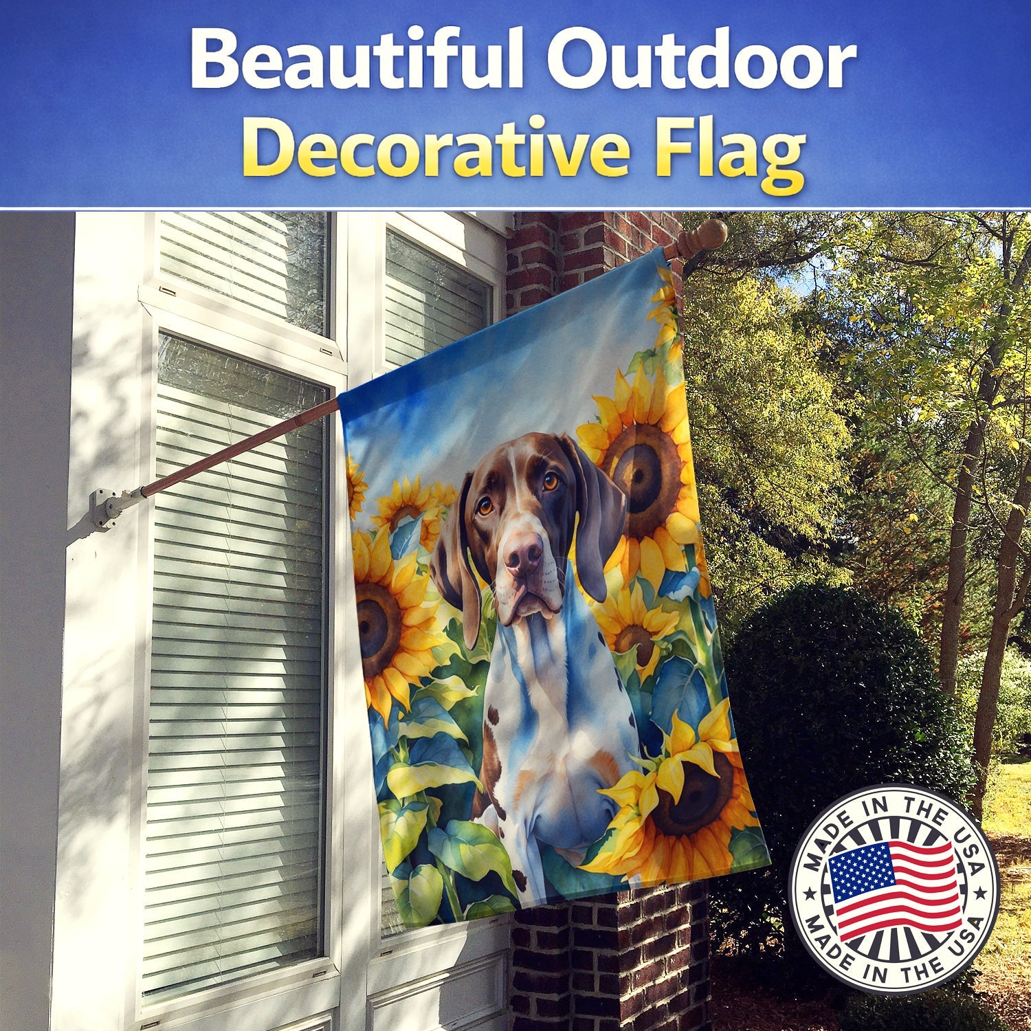 Pointer in Sunflowers House Flag 28x40 Porch Sleeve Pole Decorative Outside Yard Banner Artwork Wall Hanging, Polyester