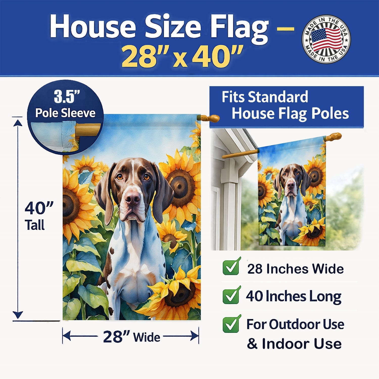 Pointer in Sunflowers House Flag 28x40 Porch Sleeve Pole Decorative Outside Yard Banner Artwork Wall Hanging, Polyester