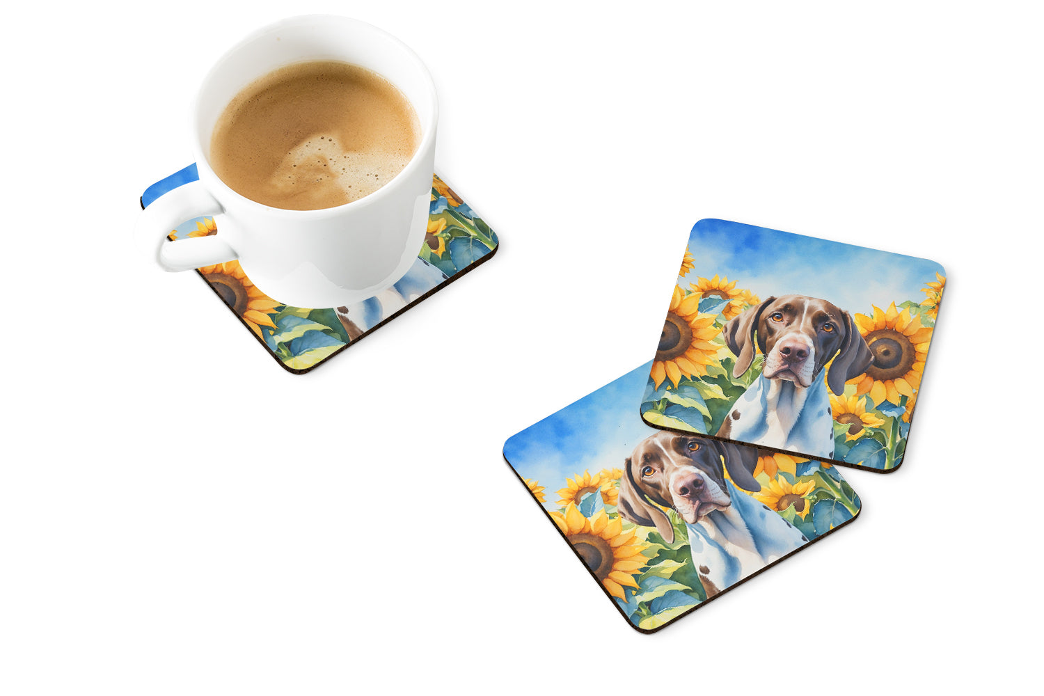 Pointer in Sunflowers Foam Coasters Set of 4 Cup Coasters for Indoor Outdoor, Tabletop Protection, Anti Slip, Mouse pad Material