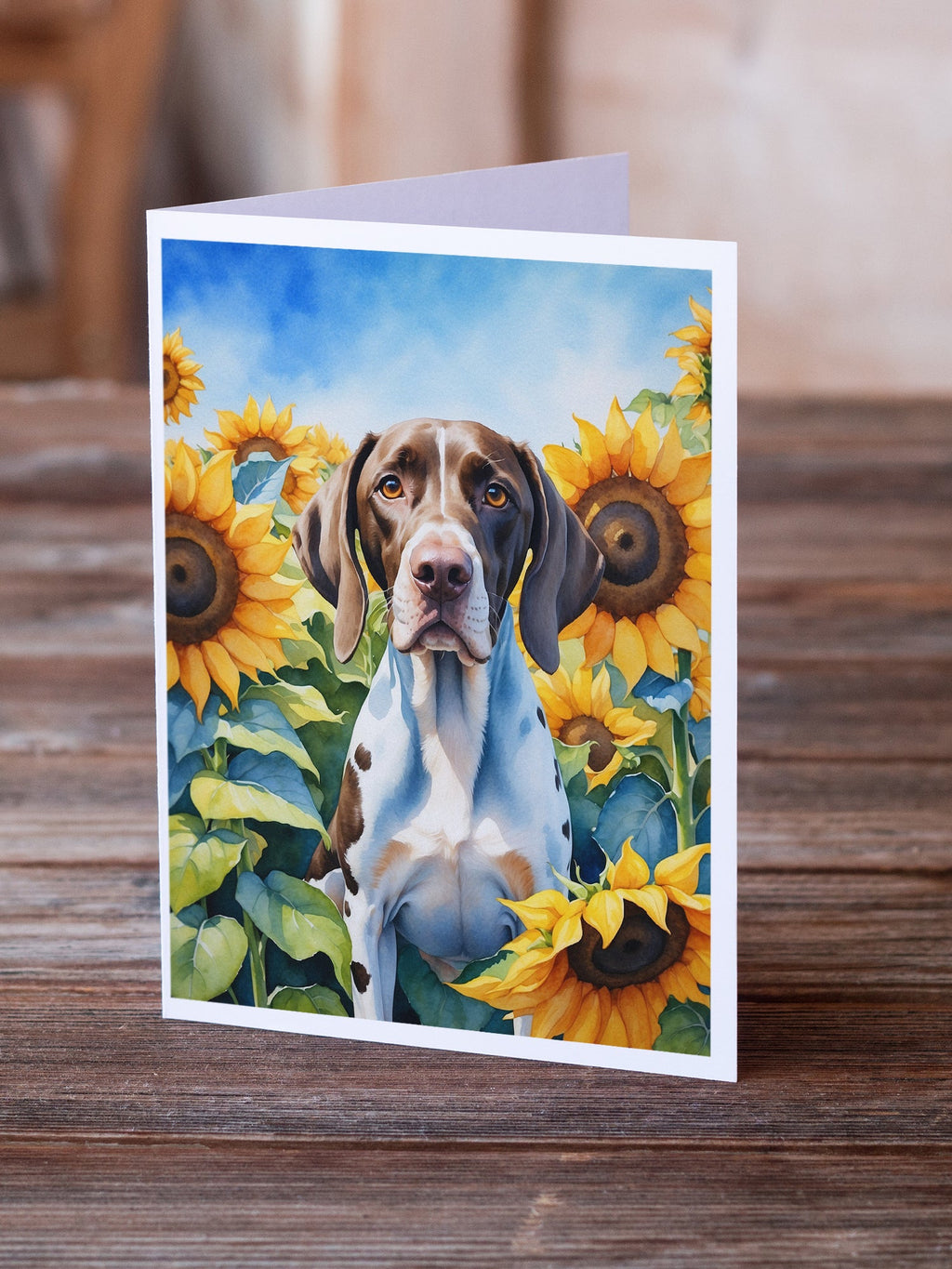 Pointer in Sunflowers Greeting Cards Pack of 8 Blank Cards with Envelopes Whimsical A7 Size 5x7