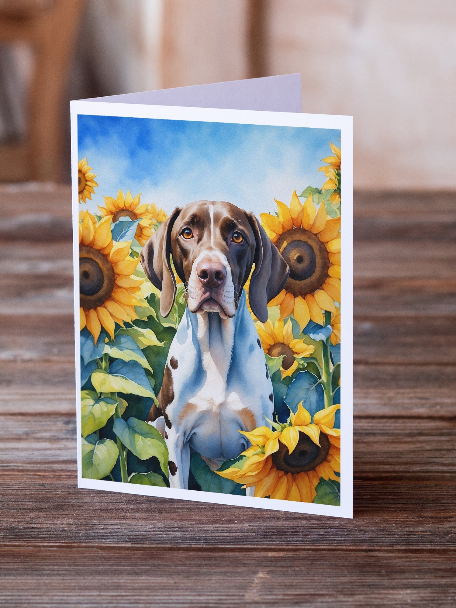 Pointer in Sunflowers Greeting Cards Pack of 8 Blank Cards with Envelopes Whimsical A7 Size 5x7