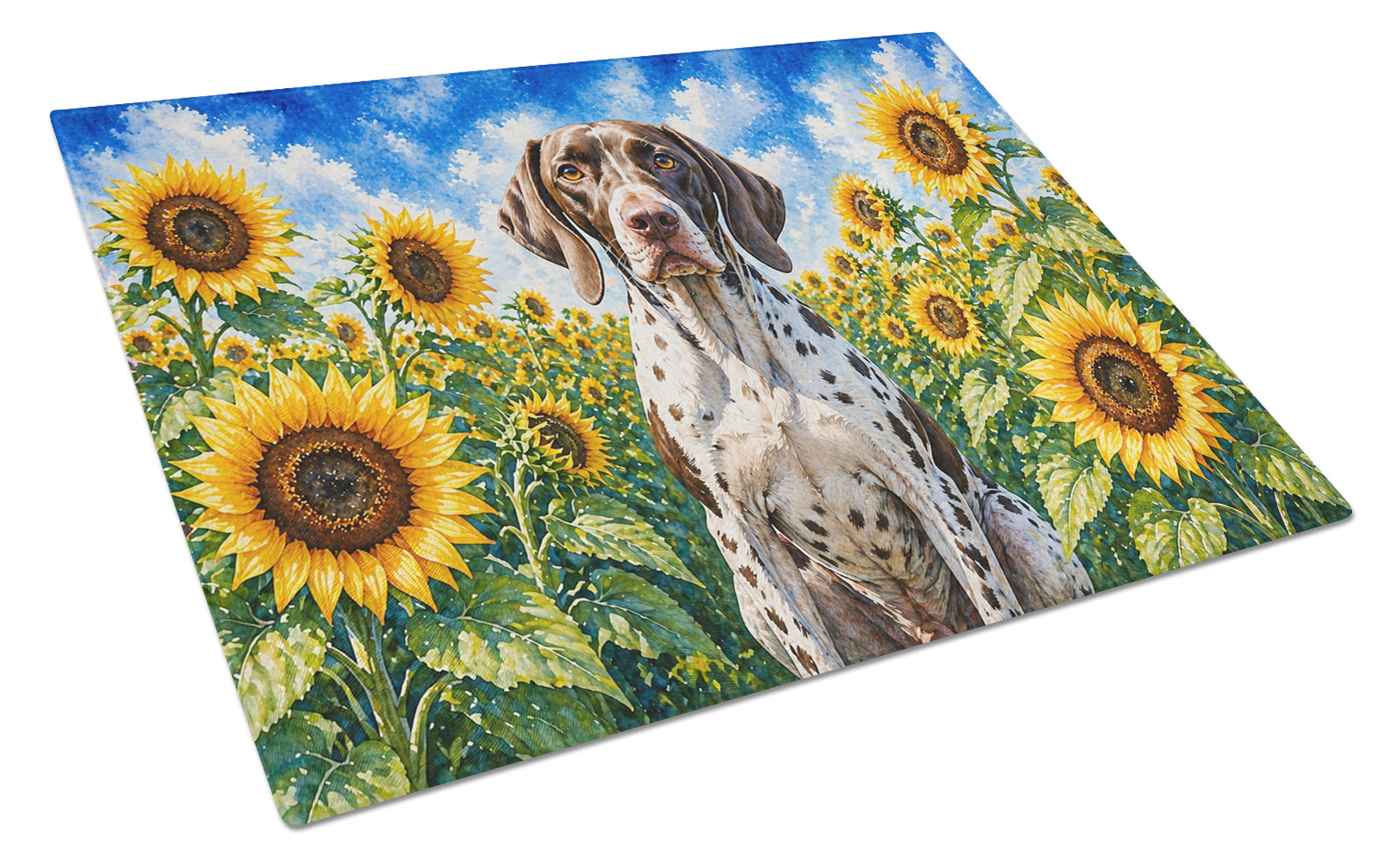 Pointer in Sunflowers Cutting Board Tempered Glass Kitchen Cutting Surface, Heat Resistant Chopping Board with Non-Slip Feet, Decorative Food Prep & Serving