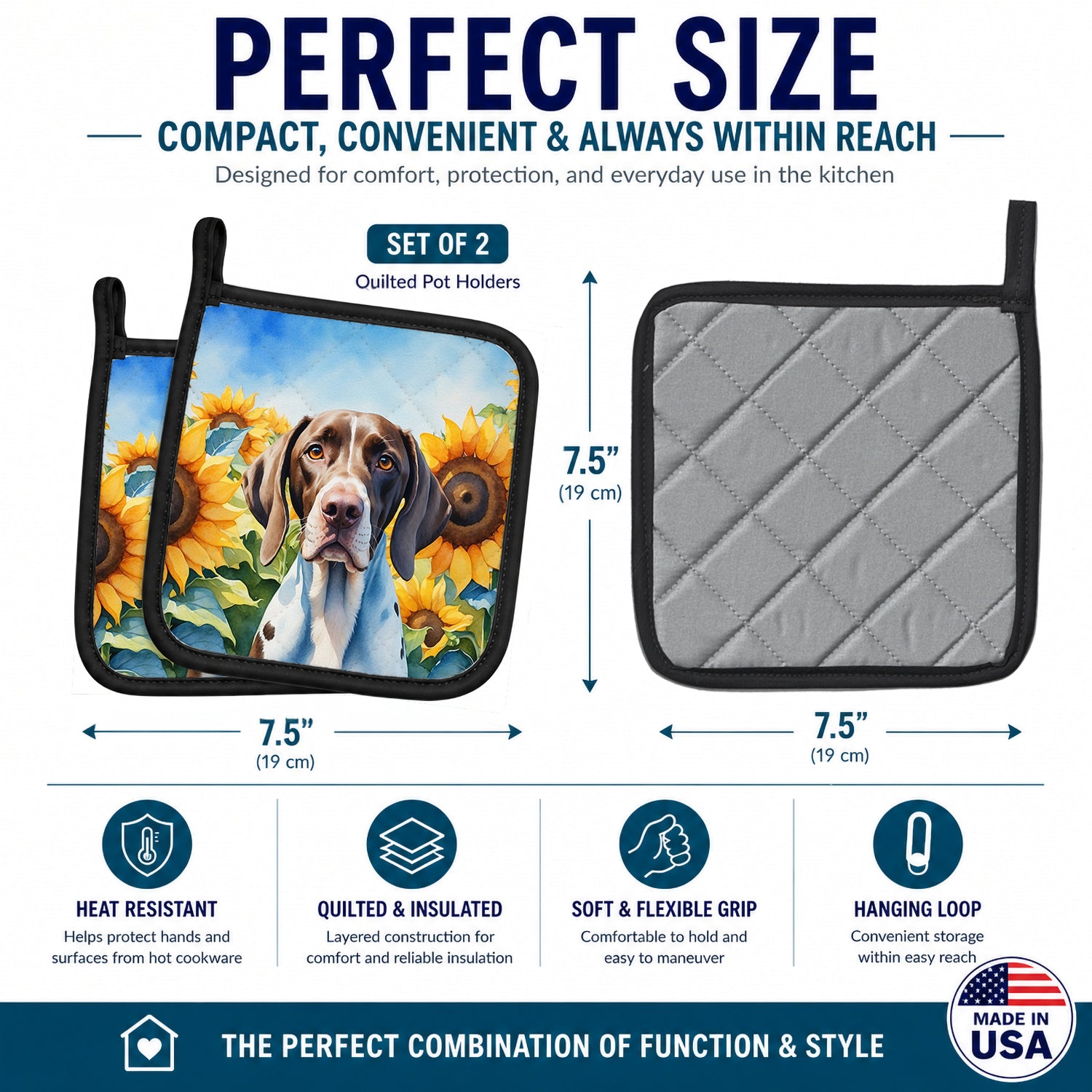 Pointer in Sunflowers Pot Holder Set of 2 Heat Resistant Quilted Hot Pads 7.5 x 7.5 Inch, Insulated Kitchen Trivets for Cooking & Baking