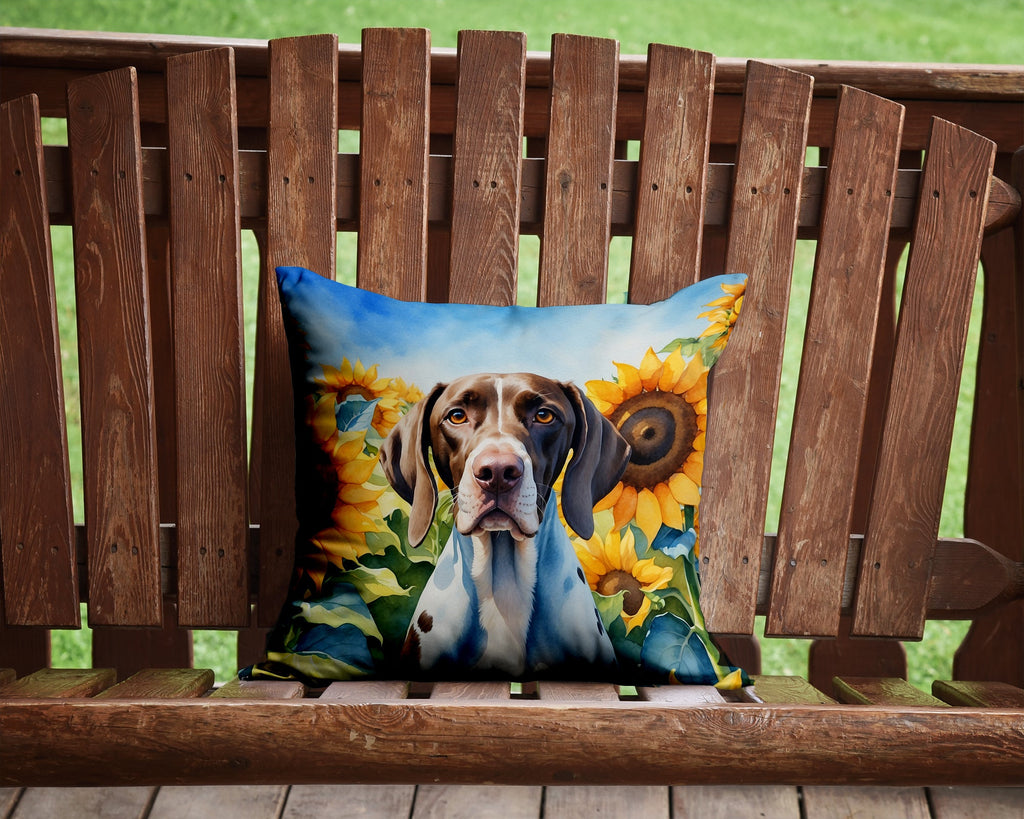 Pointer in Sunflowers Decorative Throw Pillow 14x14 Indoor Outdoor Accent Cushion, Fabric Cover with Insert for Sofa, Bed, Porch & Living Room