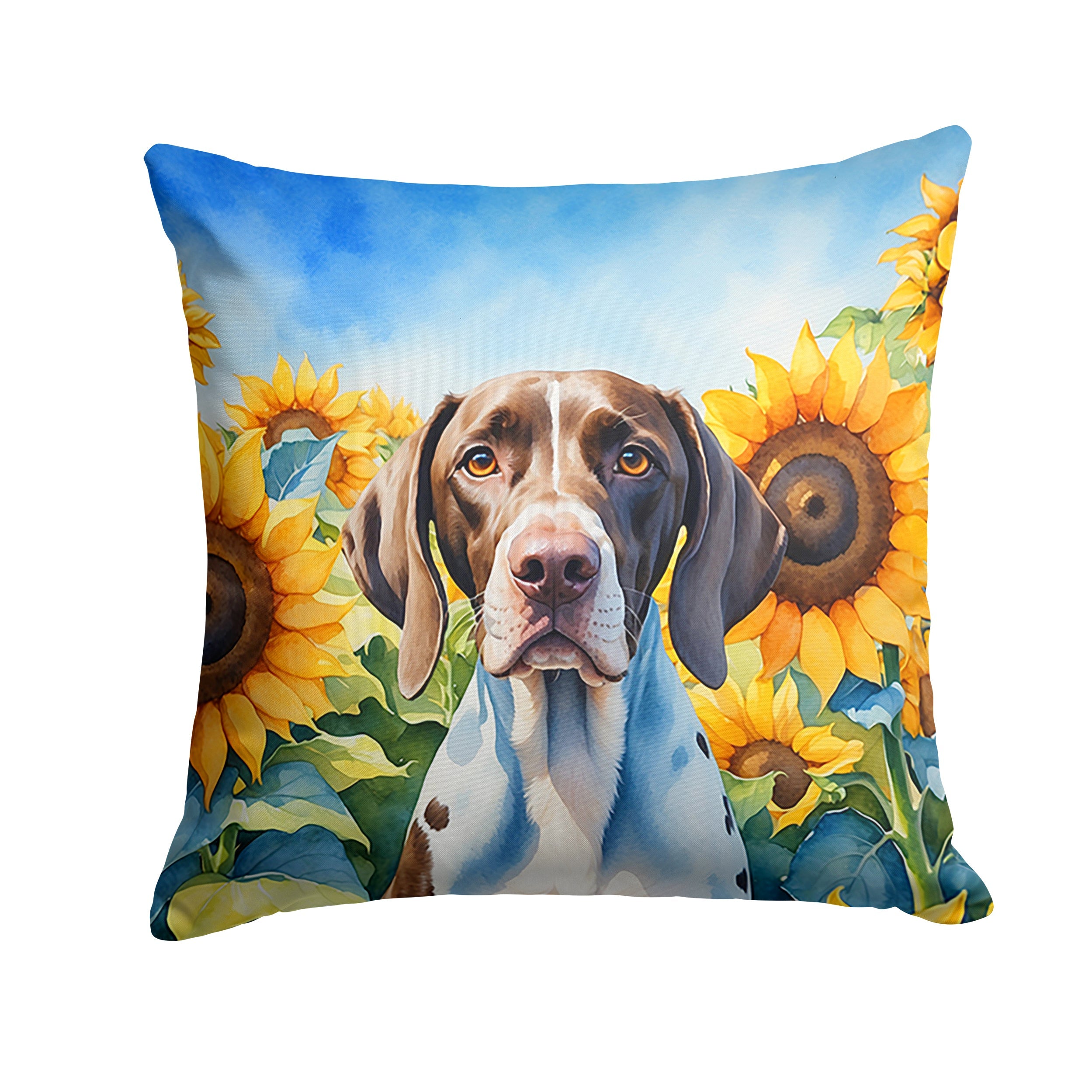Pointer in Sunflowers Decorative Throw Pillow 18x18 Indoor Outdoor Accent Cushion, Fabric Cover with Insert for Sofa, Bed, Porch & Living Room
