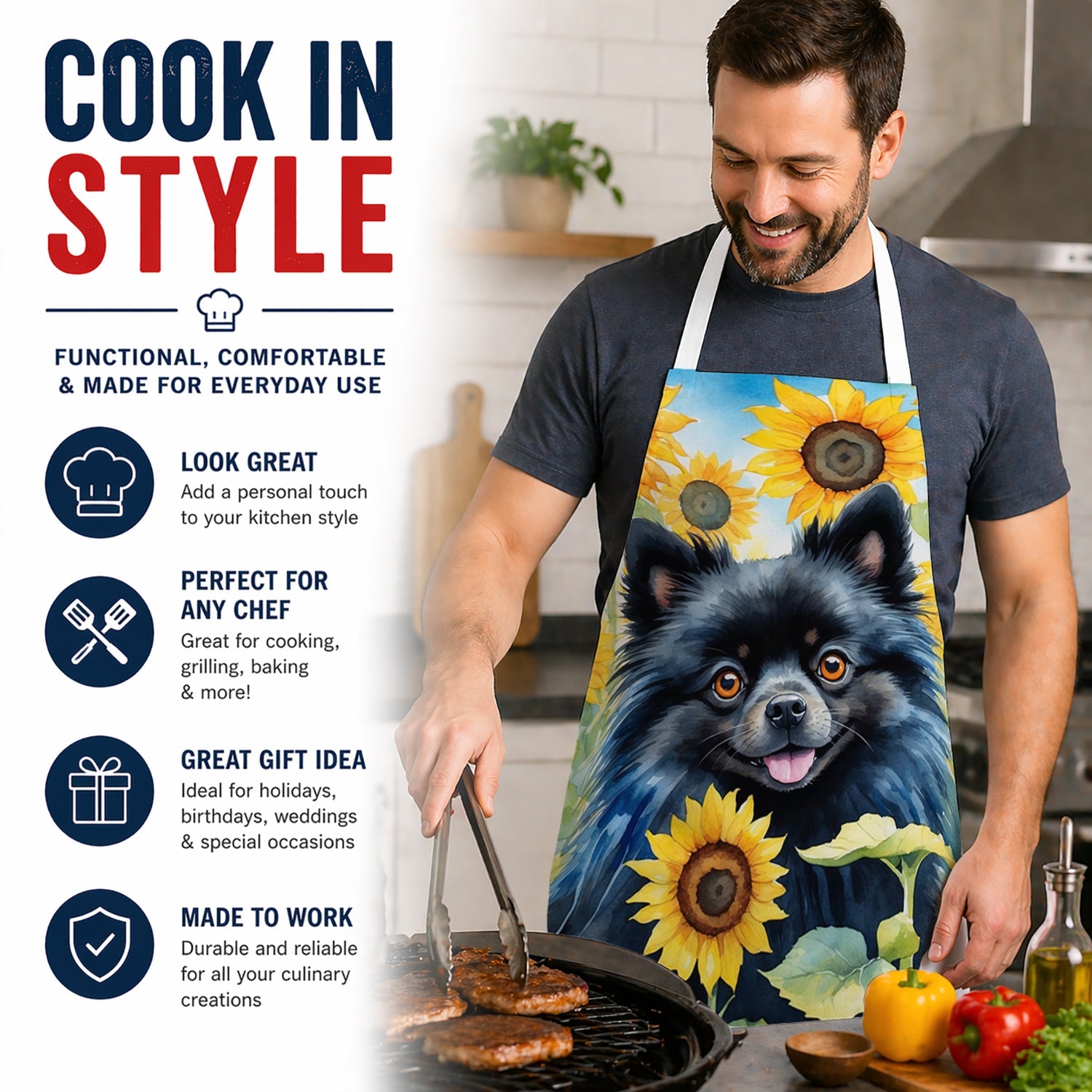 Pomeranian in Sunflowers Apron Cooking Kitchen Server Baking Crafts Gardening for Adult Women Men, Unisex, Large, Multicolor