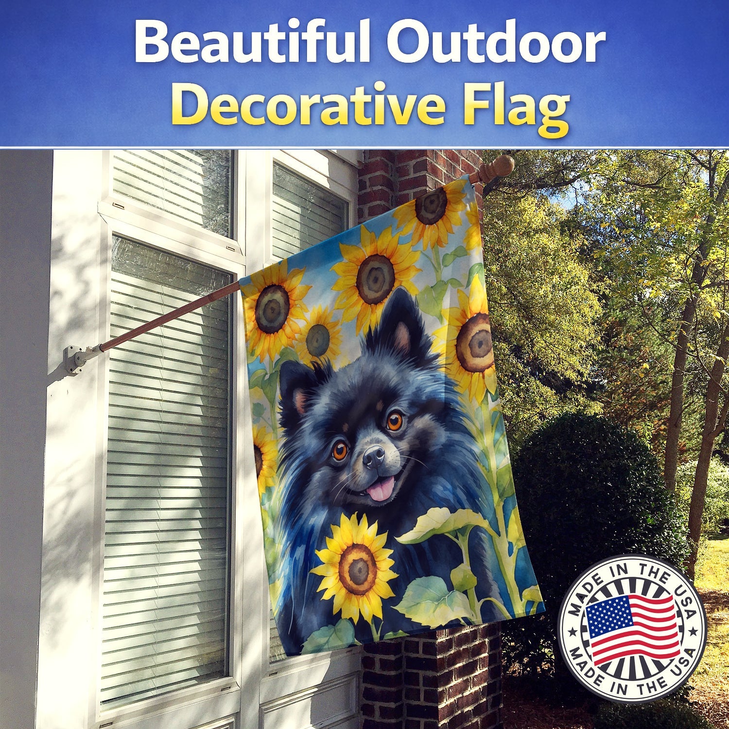 Pomeranian in Sunflowers House Flag 28x40 Porch Sleeve Pole Decorative Outside Yard Banner Artwork Wall Hanging, Polyester