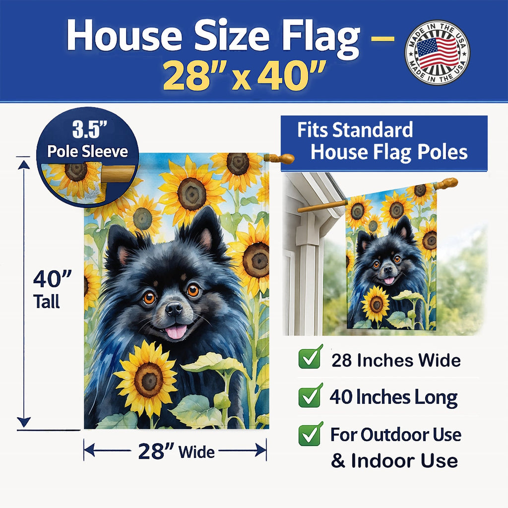 Pomeranian in Sunflowers House Flag 28x40 Porch Sleeve Pole Decorative Outside Yard Banner Artwork Wall Hanging, Polyester