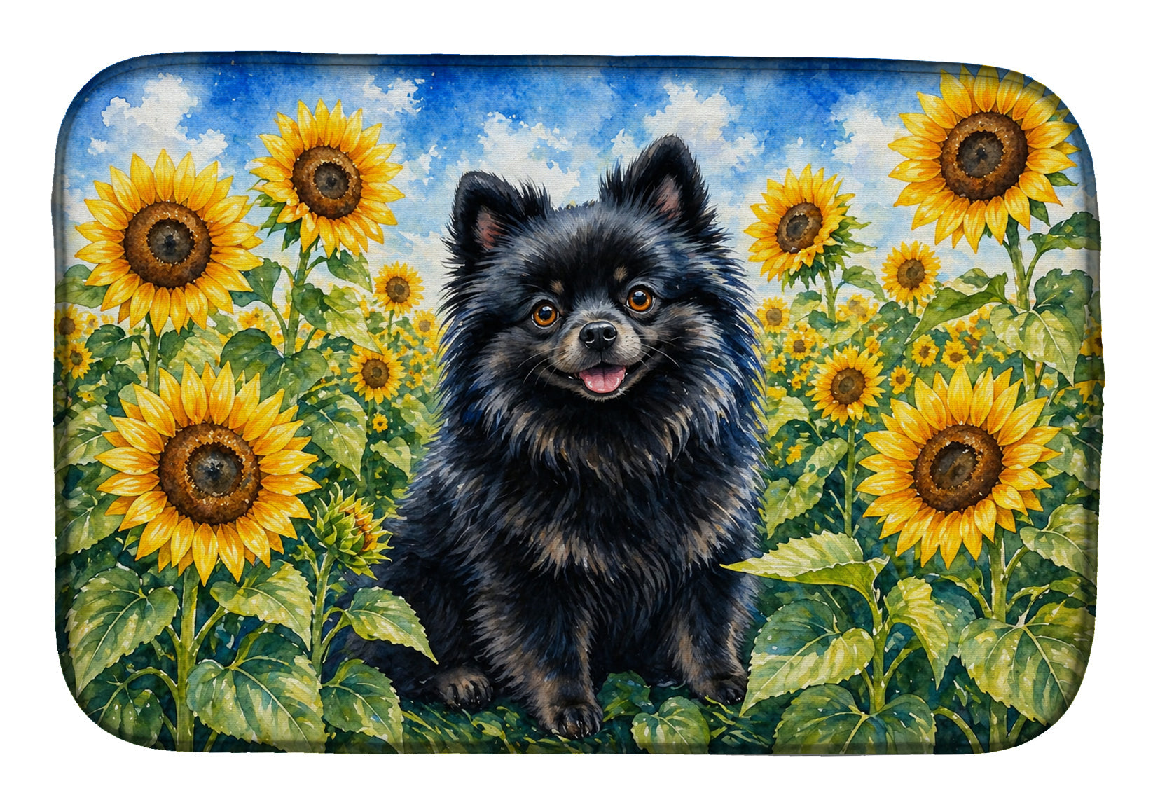 Pomeranian in Sunflowers Dish Drying Mat Absorbent Dish Drying Mat Pad for Kitchen Counter Dish Drainer Mat for Countertop, 14 x 21", Multicolor