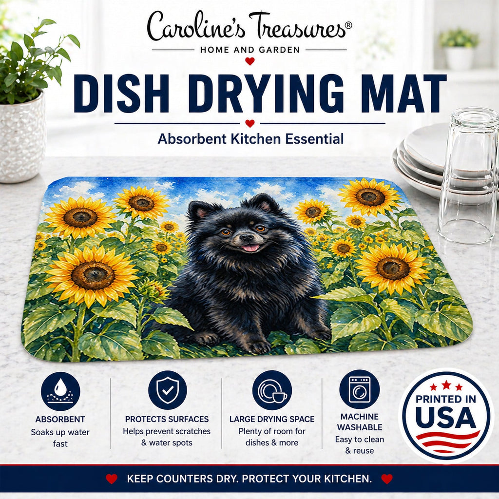 Pomeranian in Sunflowers Dish Drying Mat Absorbent Dish Drying Mat Pad for Kitchen Counter Dish Drainer Mat for Countertop, 14 x 21", Multicolor