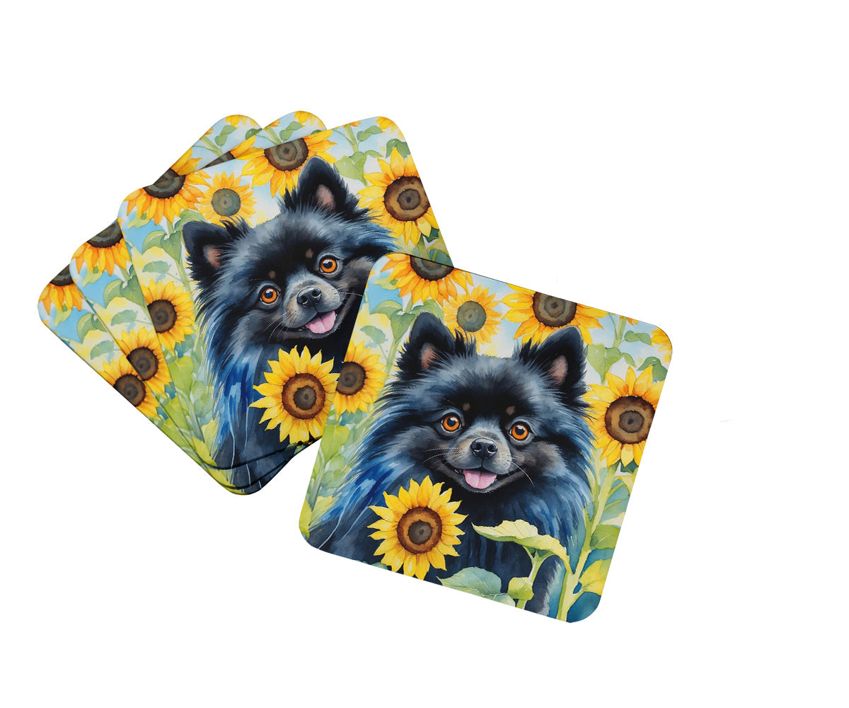 Pomeranian in Sunflowers Foam Coasters Set of 4 Cup Coasters for Indoor Outdoor, Tabletop Protection, Anti Slip, Mouse pad Material