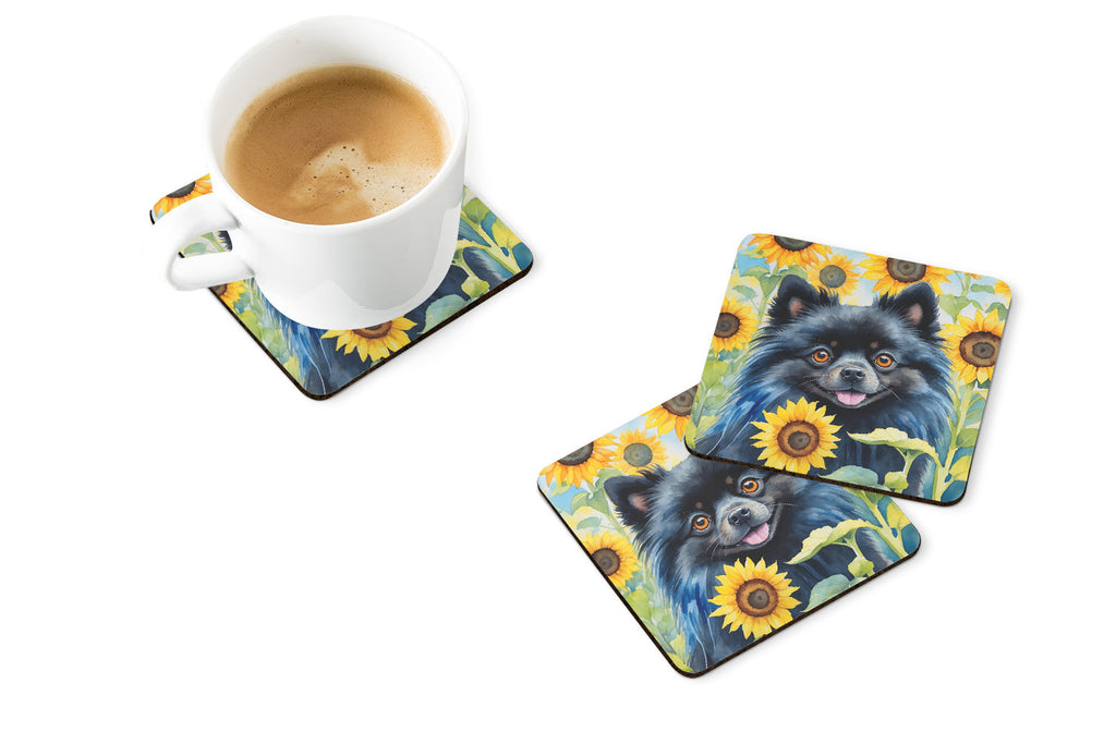 Pomeranian in Sunflowers Foam Coasters Set of 4 Cup Coasters for Indoor Outdoor, Tabletop Protection, Anti Slip, Mouse pad Material