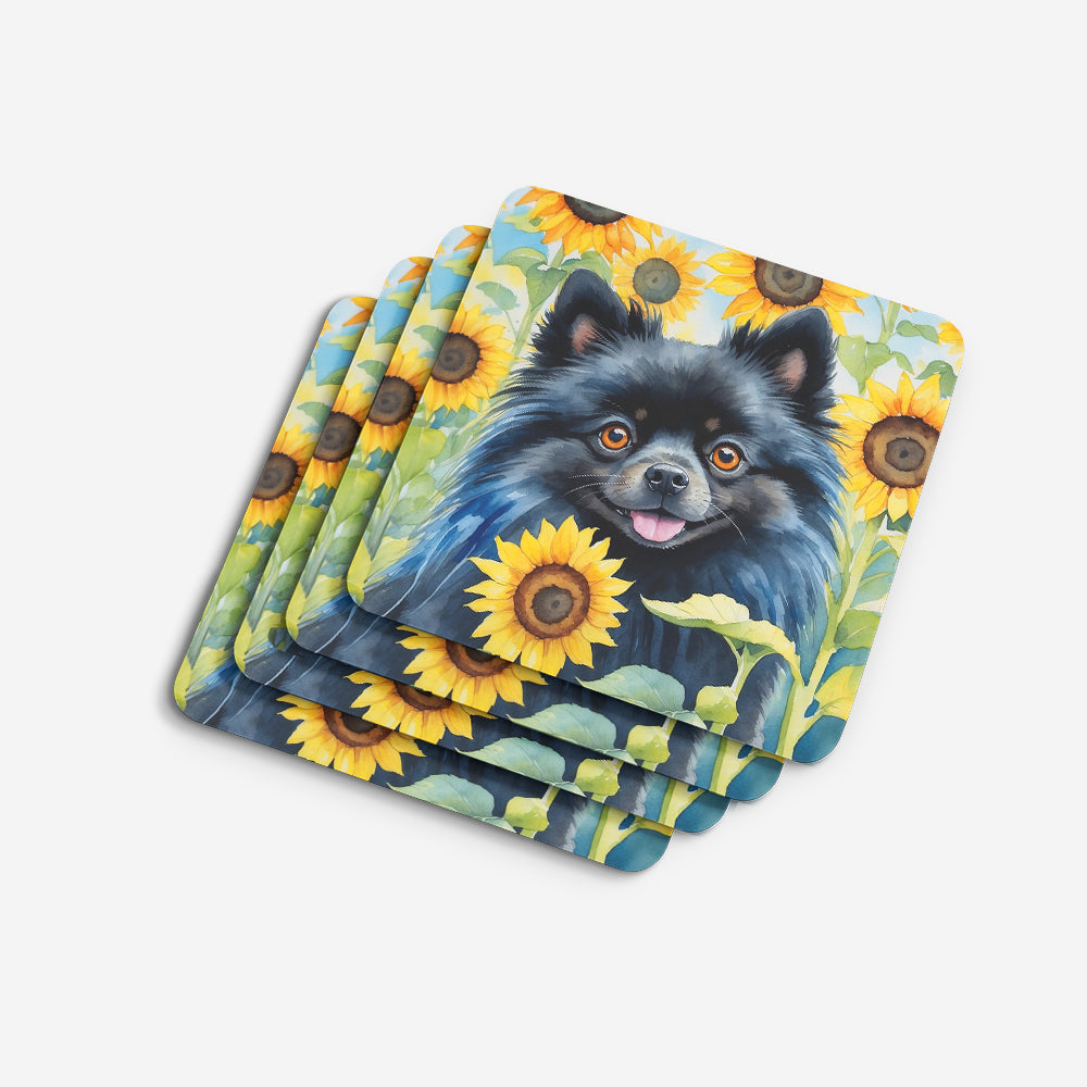 Pomeranian in Sunflowers Foam Coasters Set of 4 Cup Coasters for Indoor Outdoor, Tabletop Protection, Anti Slip, Mouse pad Material