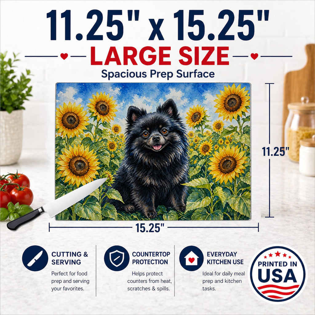 Pomeranian in Sunflowers Cutting Board Tempered Glass Kitchen Cutting Surface, Heat Resistant Chopping Board with Non-Slip Feet, Decorative Food Prep & Serving