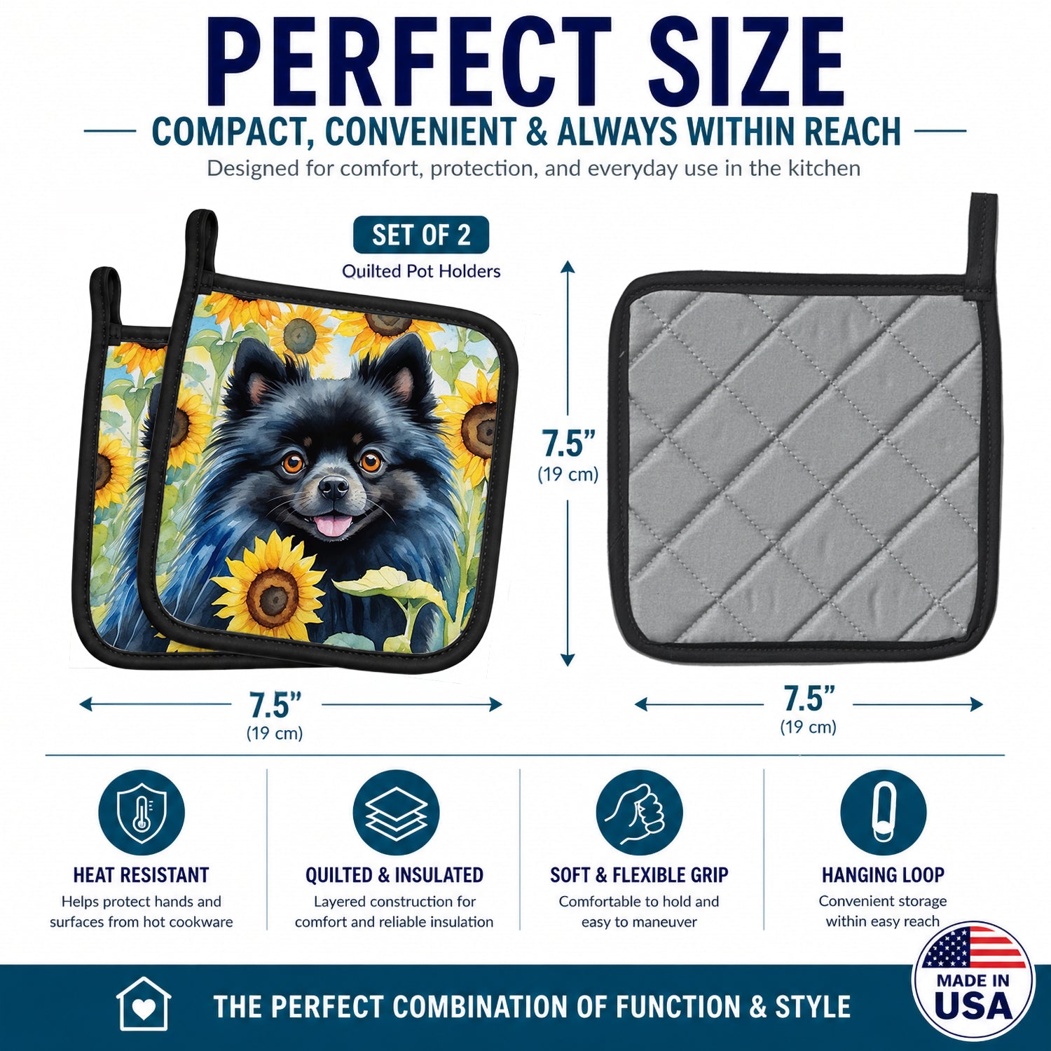 Pomeranian in Sunflowers Pot Holder Set of 2 Heat Resistant Quilted Hot Pads 7.5 x 7.5 Inch, Insulated Kitchen Trivets for Cooking & Baking