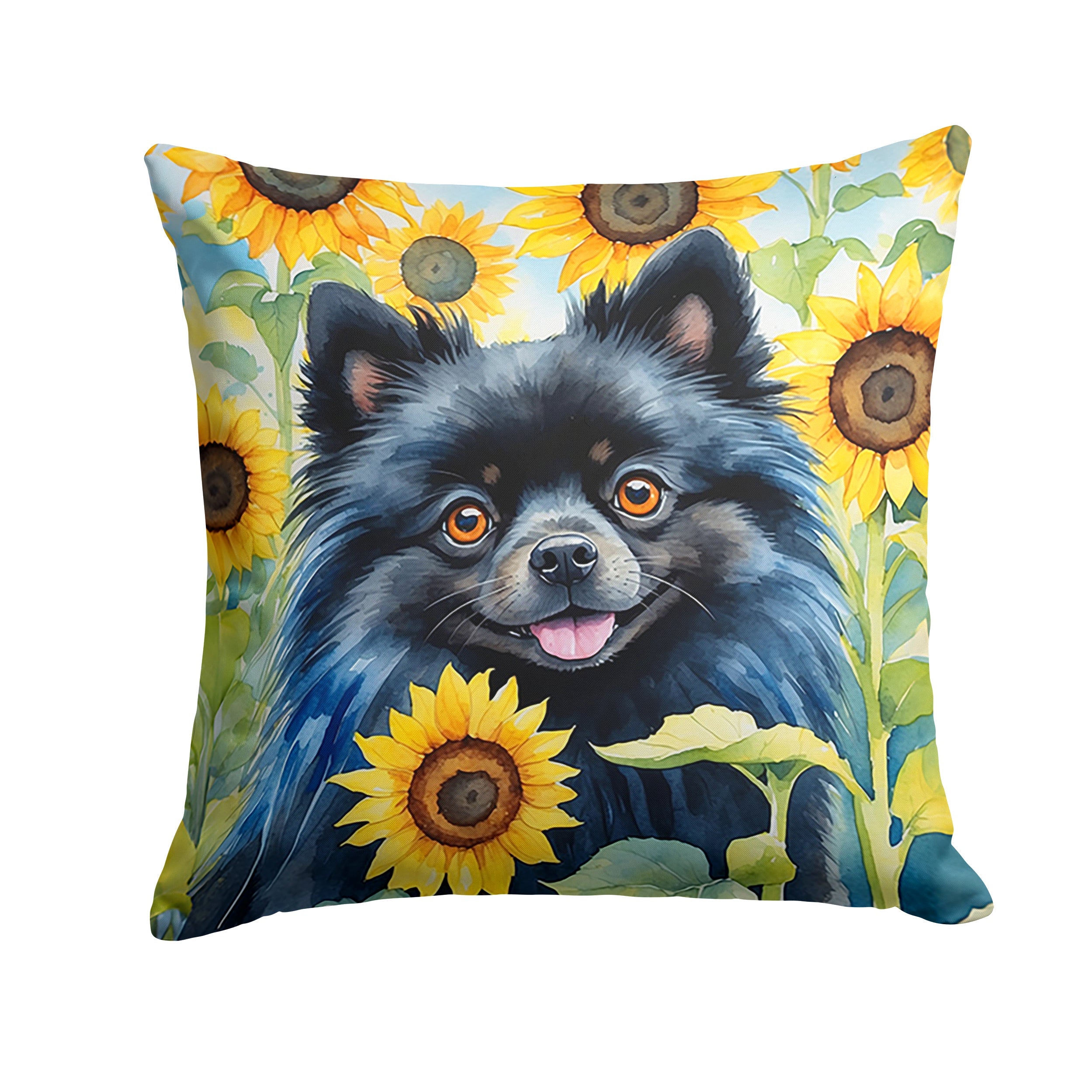 Pomeranian in Sunflowers Decorative Throw Pillow 14x14 Indoor Outdoor Accent Cushion, Fabric Cover with Insert for Sofa, Bed, Porch & Living Room