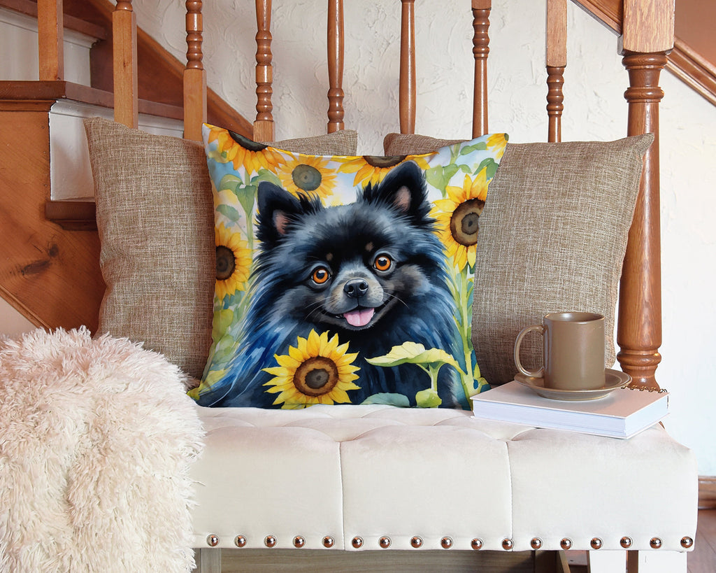 Pomeranian in Sunflowers Decorative Throw Pillow 14x14 Indoor Outdoor Accent Cushion, Fabric Cover with Insert for Sofa, Bed, Porch & Living Room