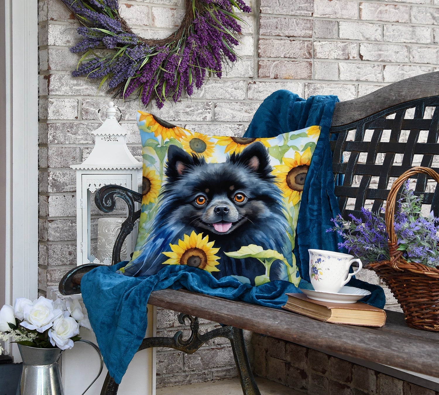 Pomeranian in Sunflowers Decorative Throw Pillow 18x18 Indoor Outdoor Accent Cushion, Fabric Cover with Insert for Sofa, Bed, Porch & Living Room