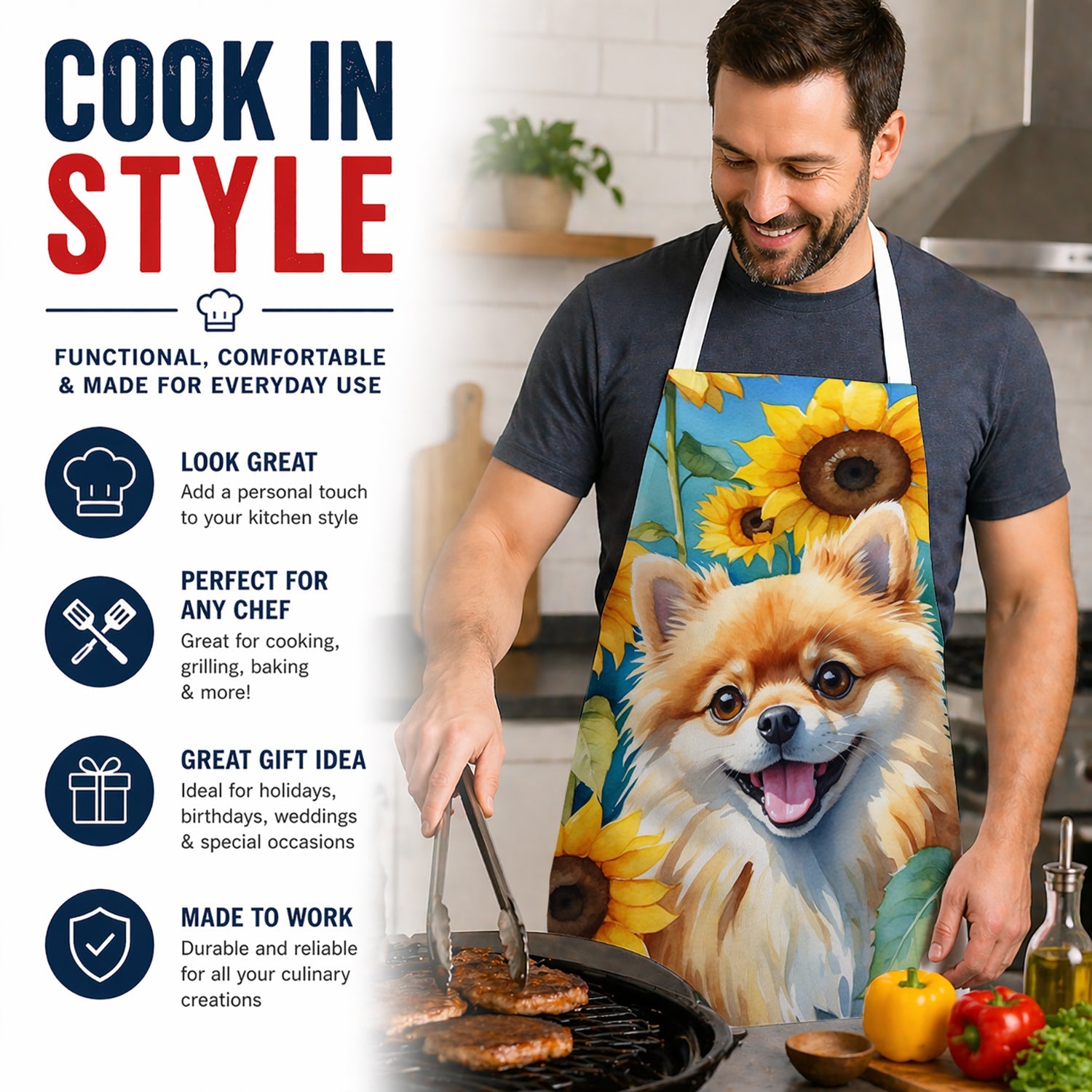 Pomeranian in Sunflowers Apron Cooking Kitchen Server Baking Crafts Gardening for Adult Women Men, Unisex, Large, Multicolor