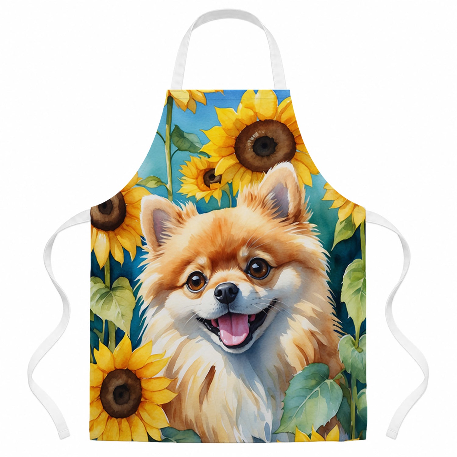 Pomeranian in Sunflowers Apron Cooking Kitchen Server Baking Crafts Gardening for Adult Women Men, Unisex, Large, Multicolor