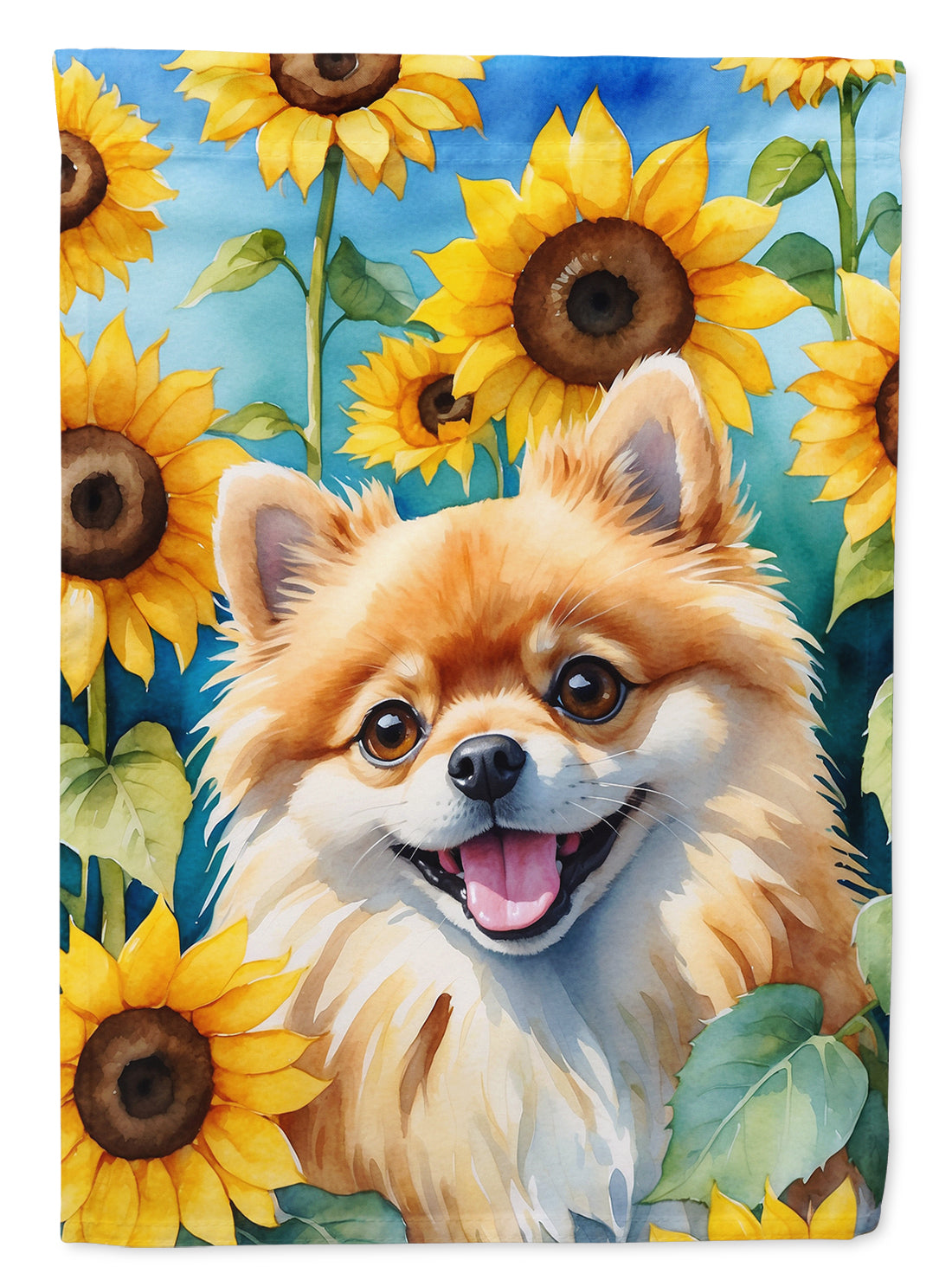 Pomeranian in Sunflowers House Flag 28x40 Porch Sleeve Pole Decorative Outside Yard Banner Artwork Wall Hanging, Polyester